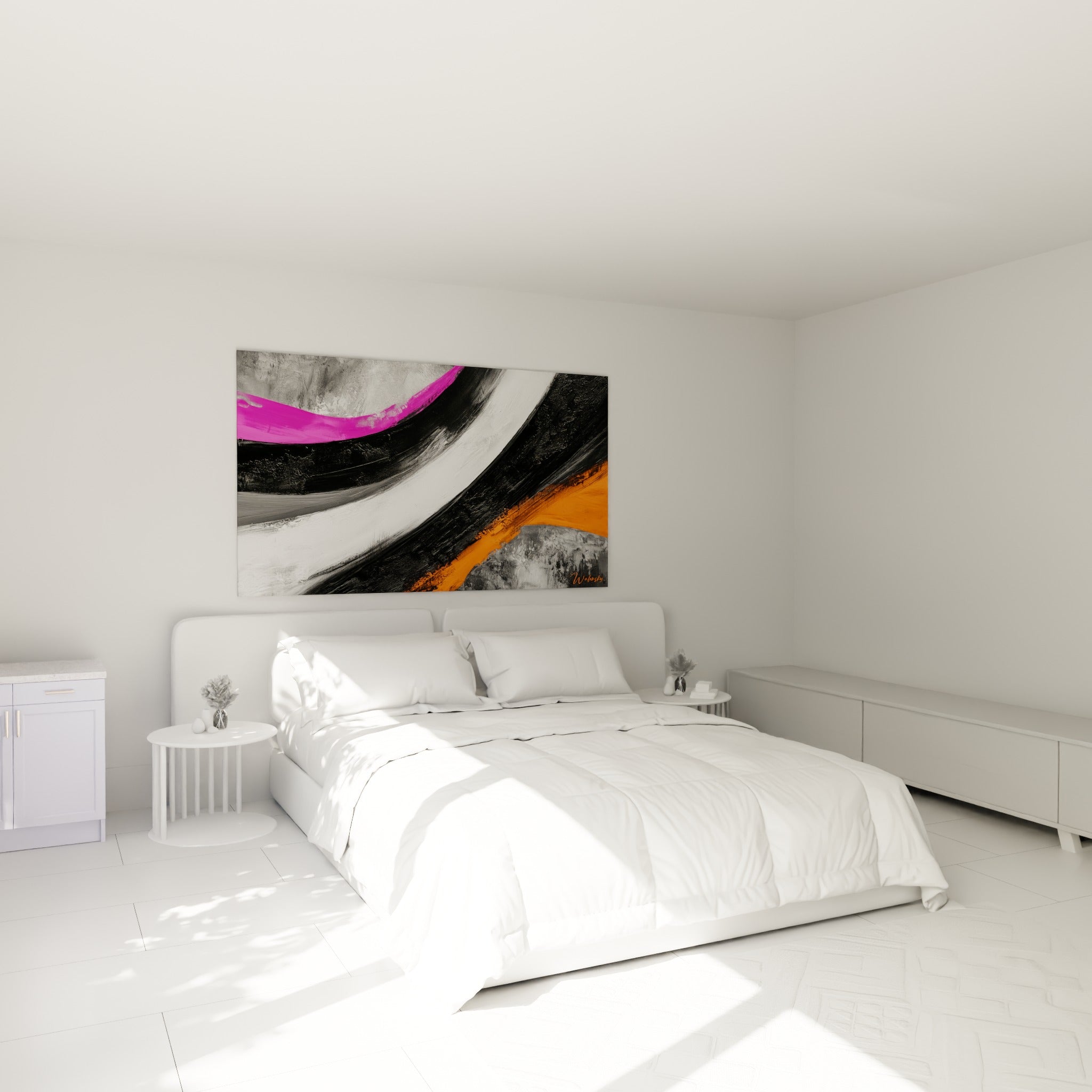 Larges coulées noires et orange de ce tableau artistique abstrait au-dessus d'un lit dans une chambre claire