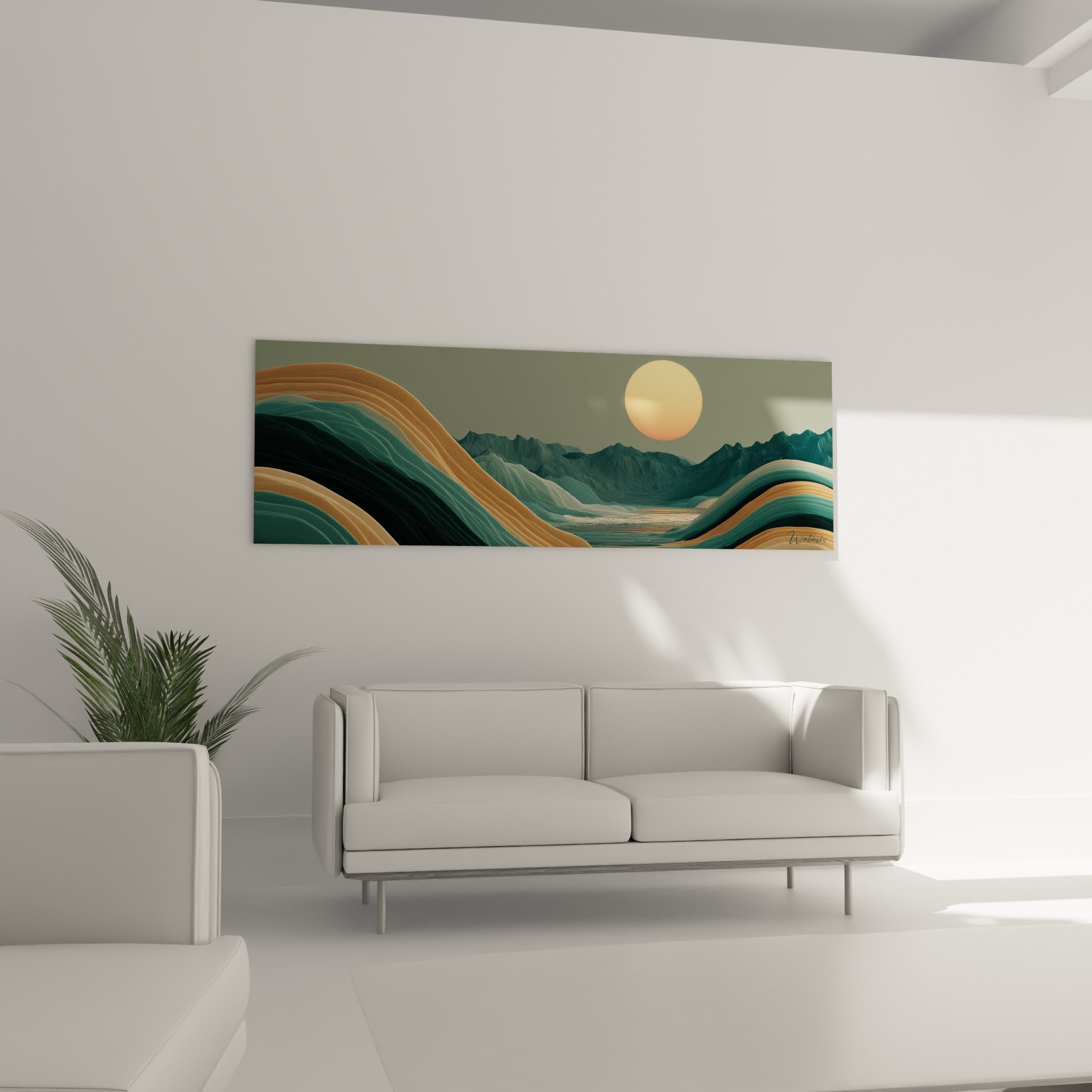 Vagues montagneuses ocre et anthracite baignées d'un soleil orangé, au-dessus d'un canapé dans un salon lumineux