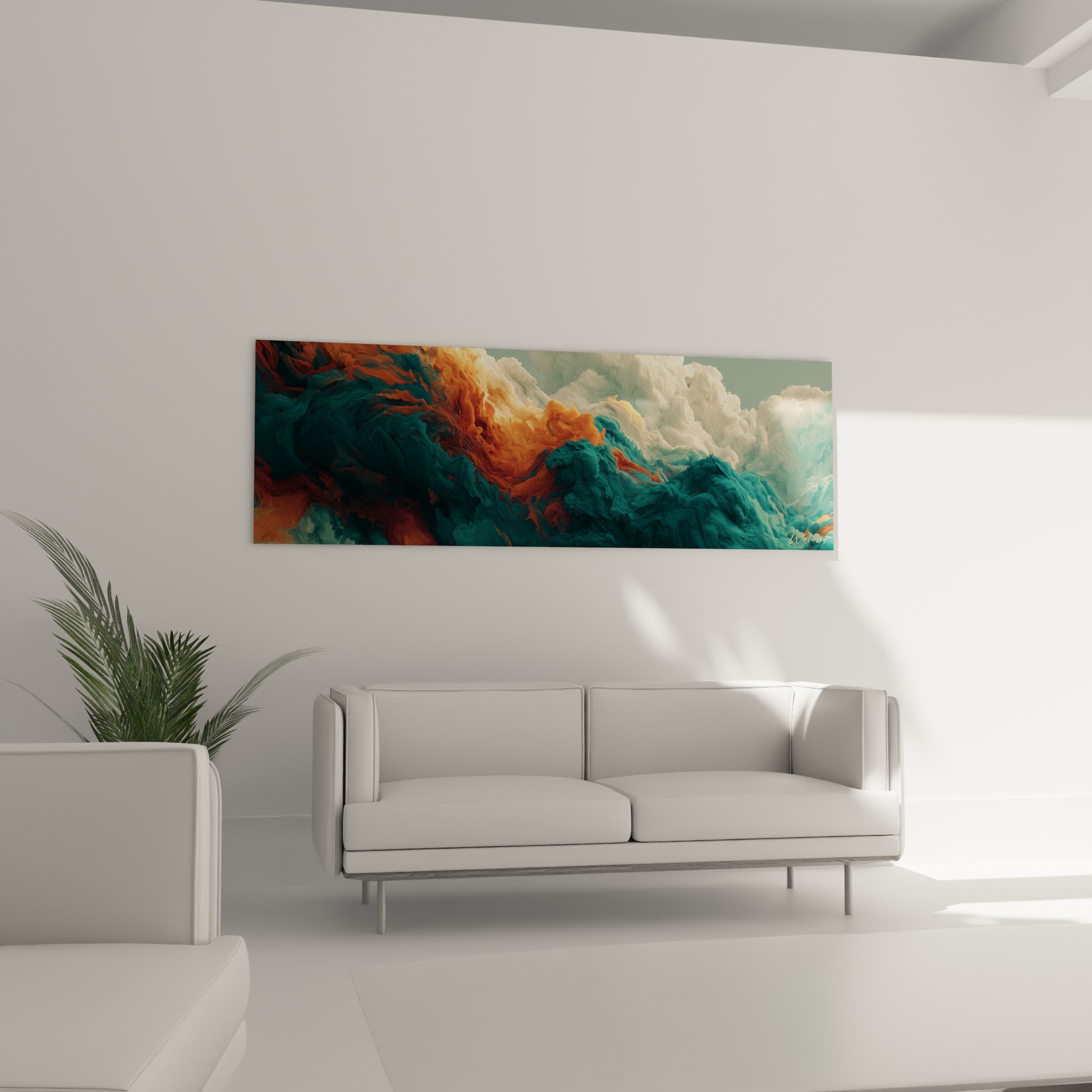 Vagues de fumée ocre et bleu turquoise accrochées au-dessus d'un canapé dans un salon lumineux