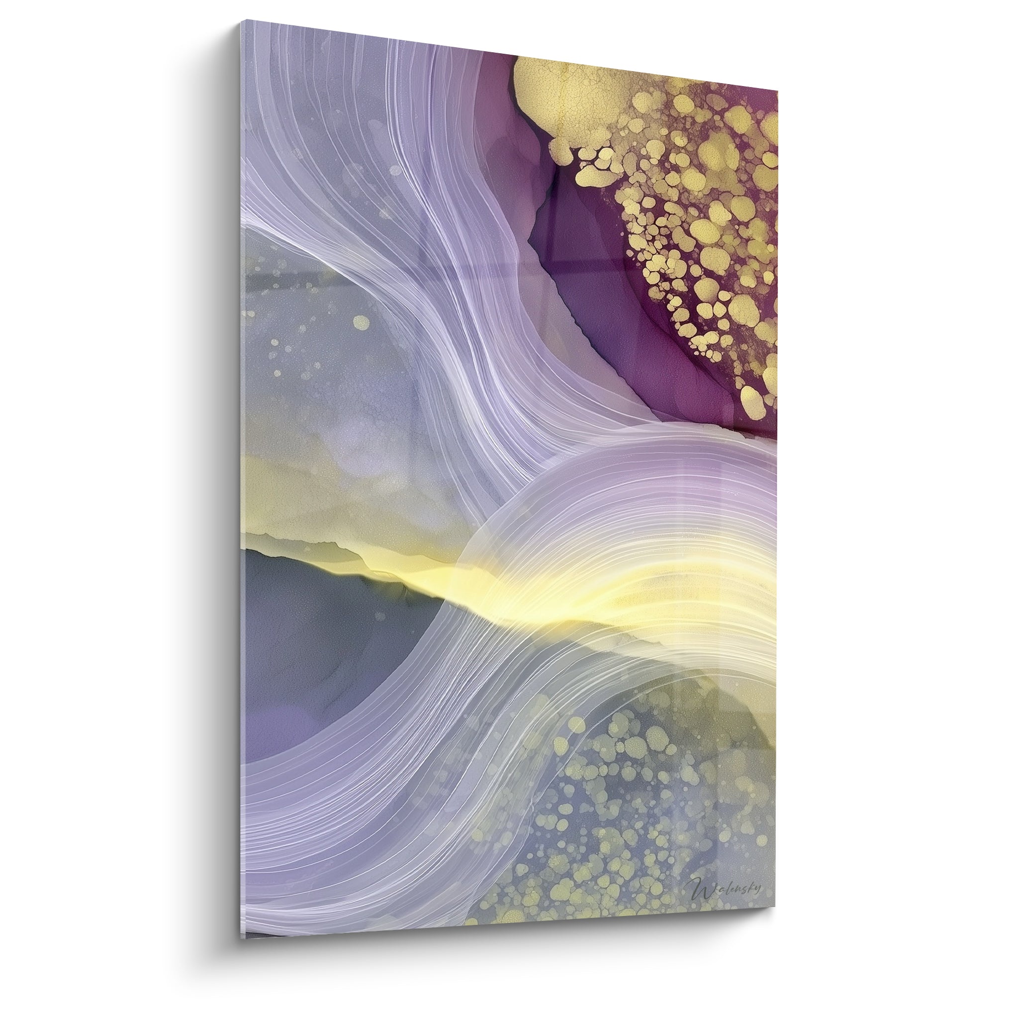 Tableau abstrait aux vagues mauves et dorées, effet agate, taches bordeaux et grises entremêlées