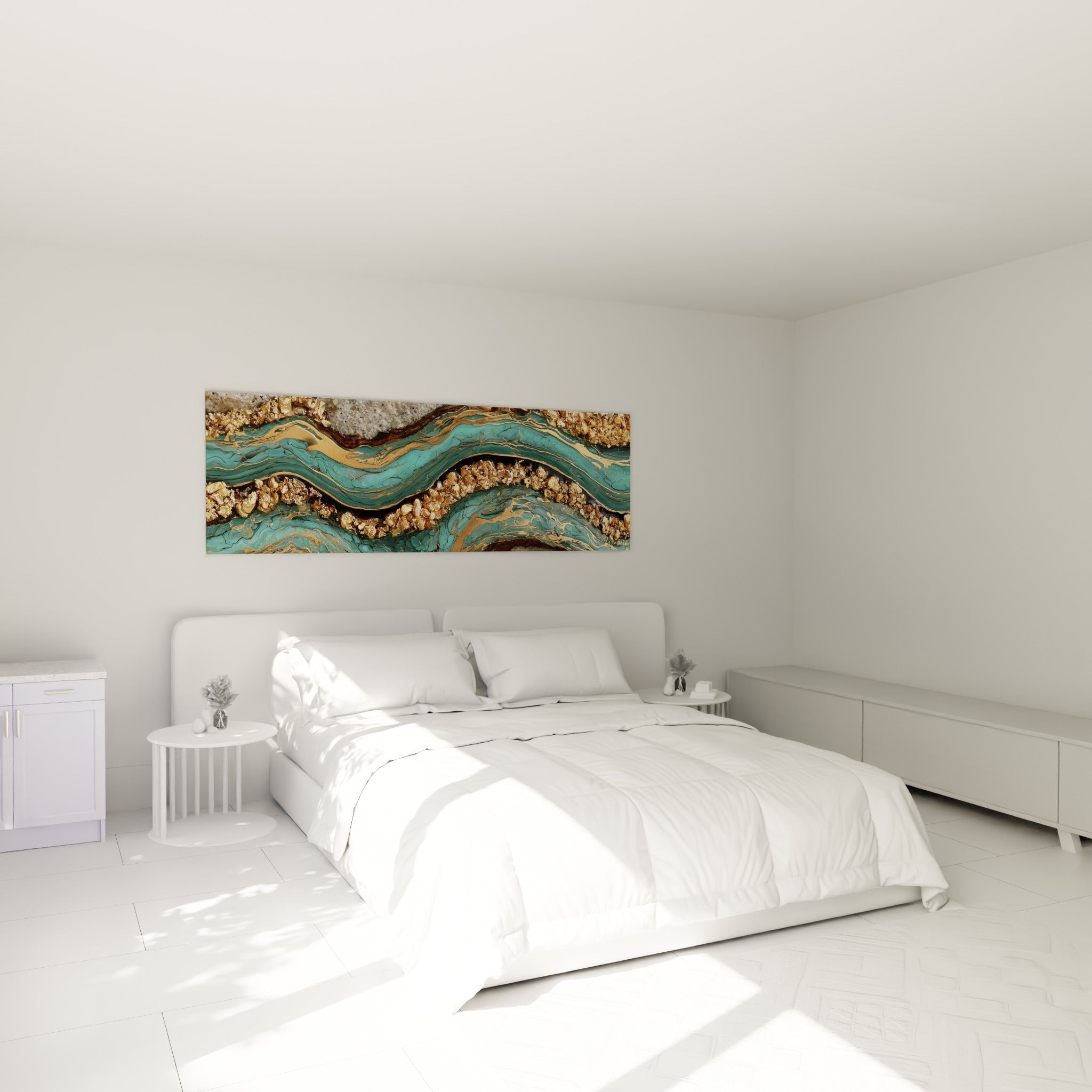 Courbes turquoise et bronze traversant la toile, au-dessus d'un lit dans une chambre claire