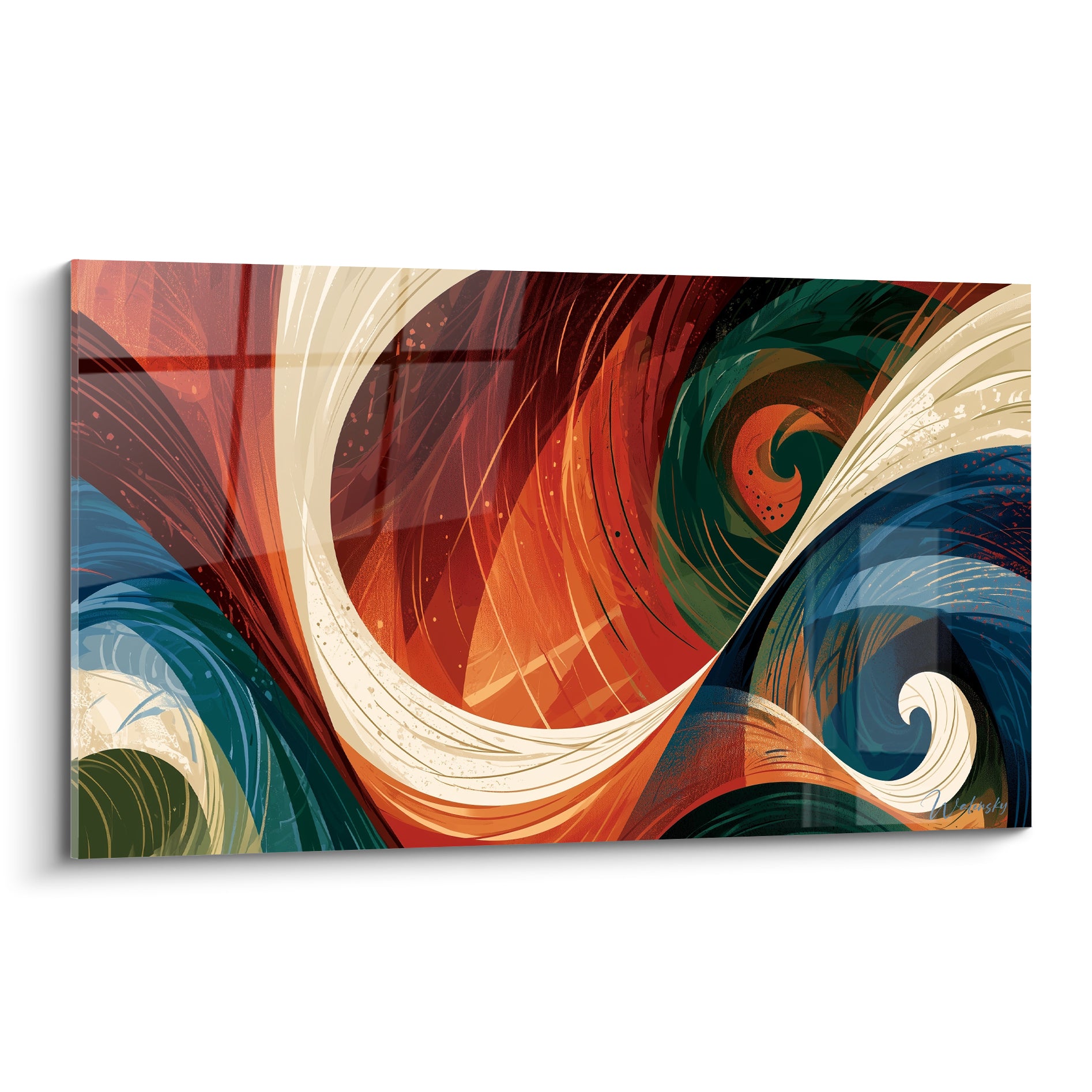 Spirales terracotta et bleu marine s'entrelacent dans une composition abstraite aux courbes crème sinueuses