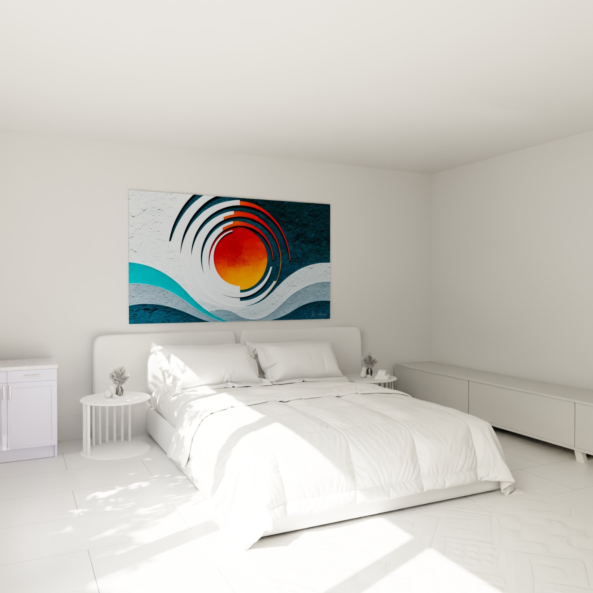 Cercles orangés et vagues turquoise composent ce tableau au-dessus d'un lit dans une chambre claire