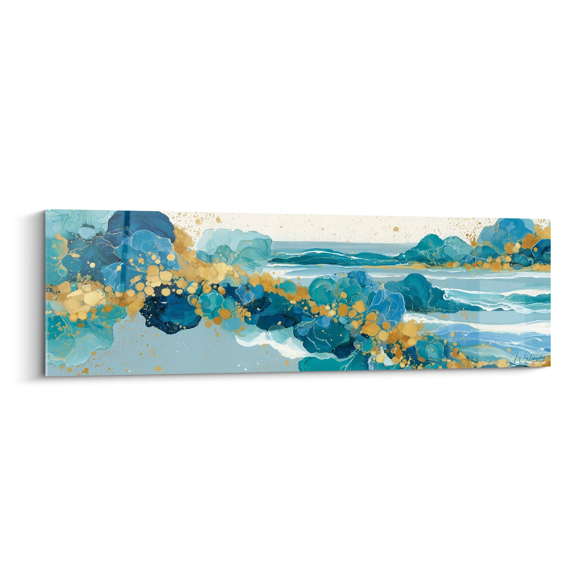 Vagues turquoise et bleu marine parsemées d'éclats dorés, composition artistique abstraite marine