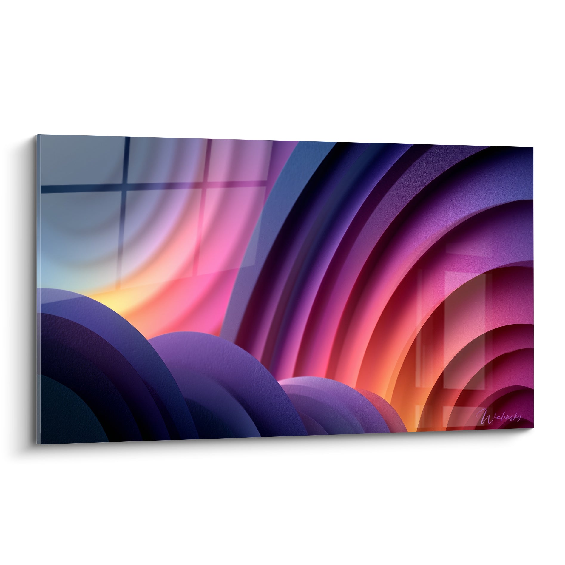 Vagues concentriques violettes, roses et dorées d'un tableau Artistique abstrait aux dégradés lumineux