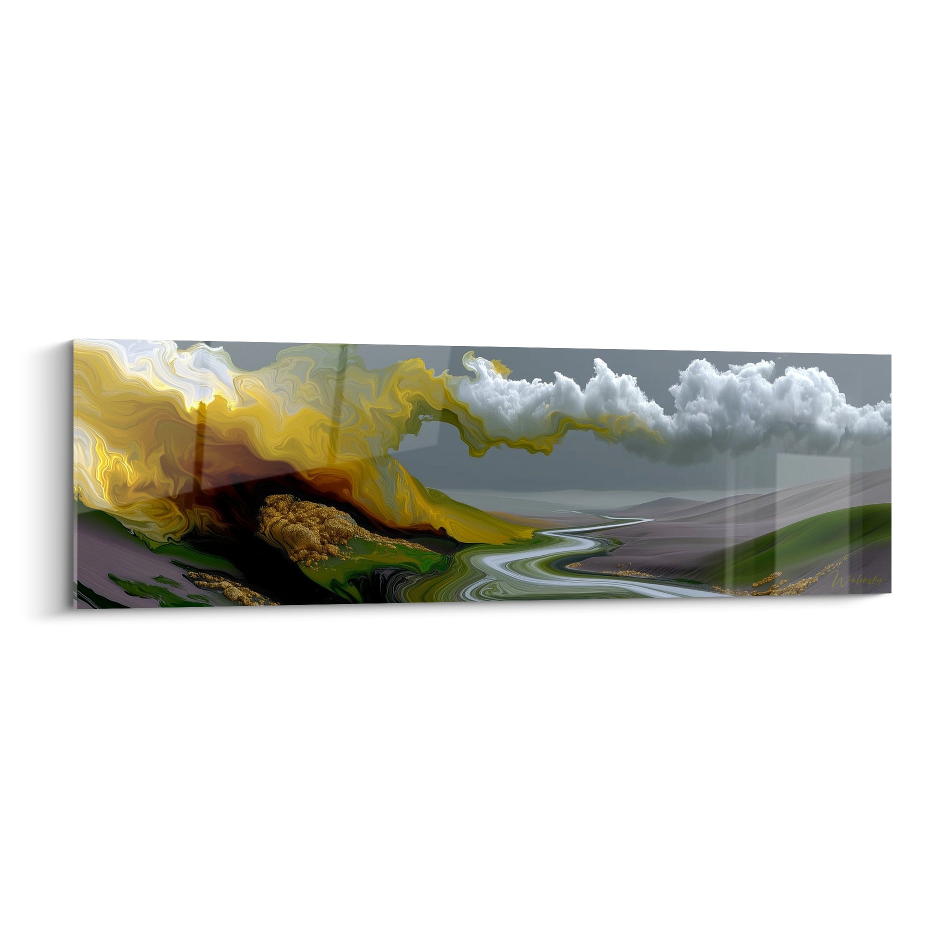 Vallée dorée et nuages gris orageux se rencontrent au-dessus d'une rivière serpentante, traitement pictural fluide