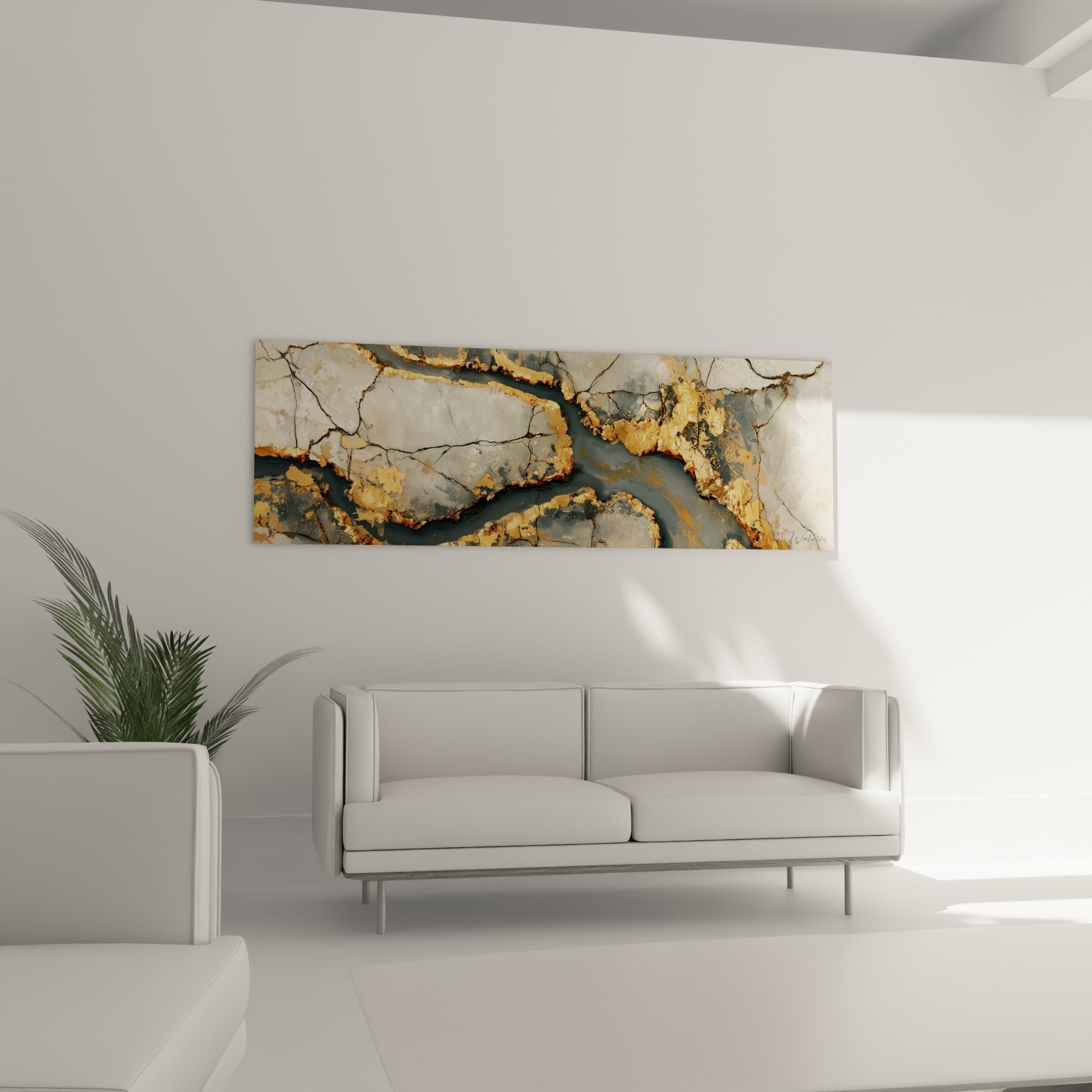 Craquelures anthracite et dorées sur fond ivoire texturé, tableau au-dessus d'un canapé dans un salon lumineux