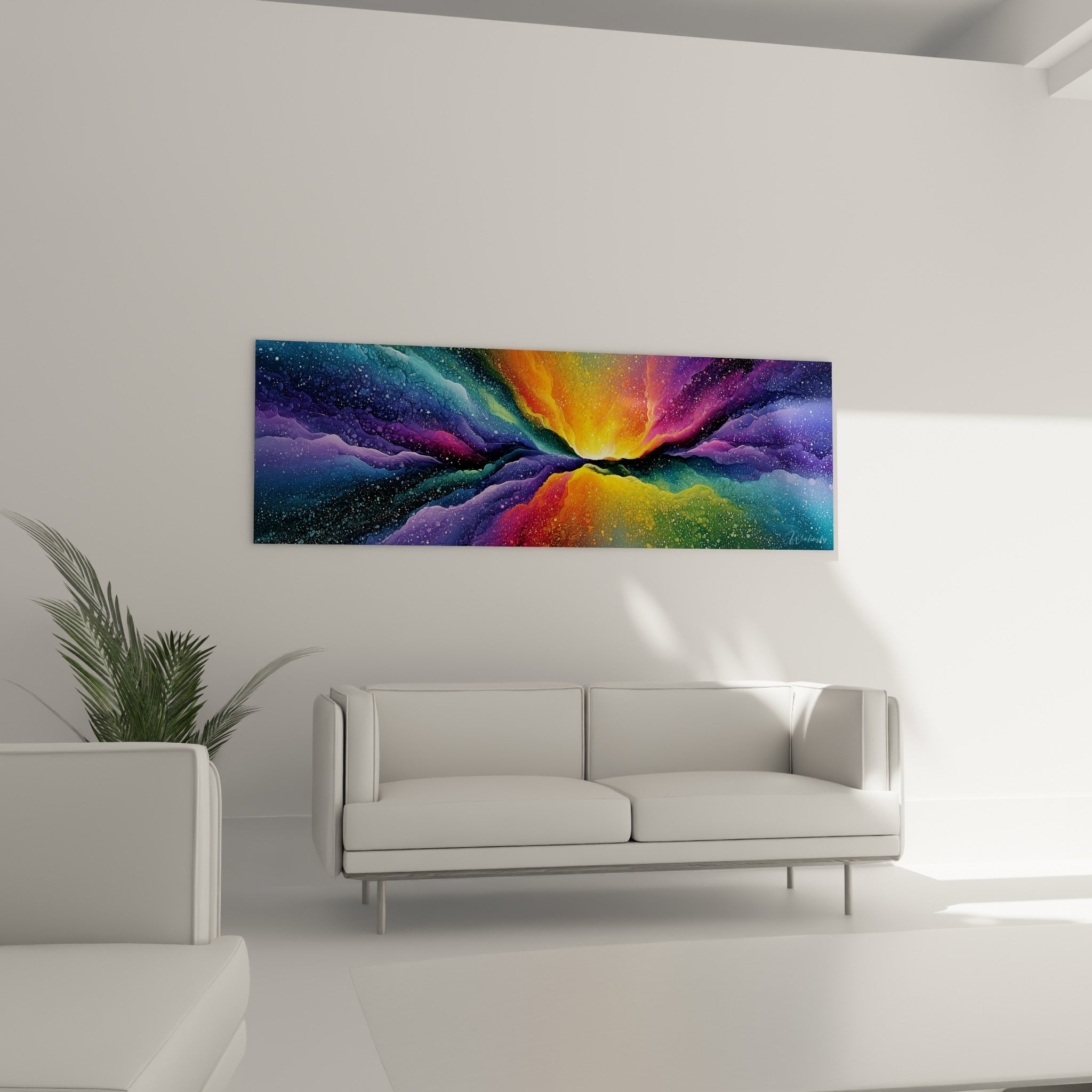 Nappes de vert émeraude et de fuchsia sur ce tableau artistique abstrait, au-dessus d'un canapé dans un salon lumineux