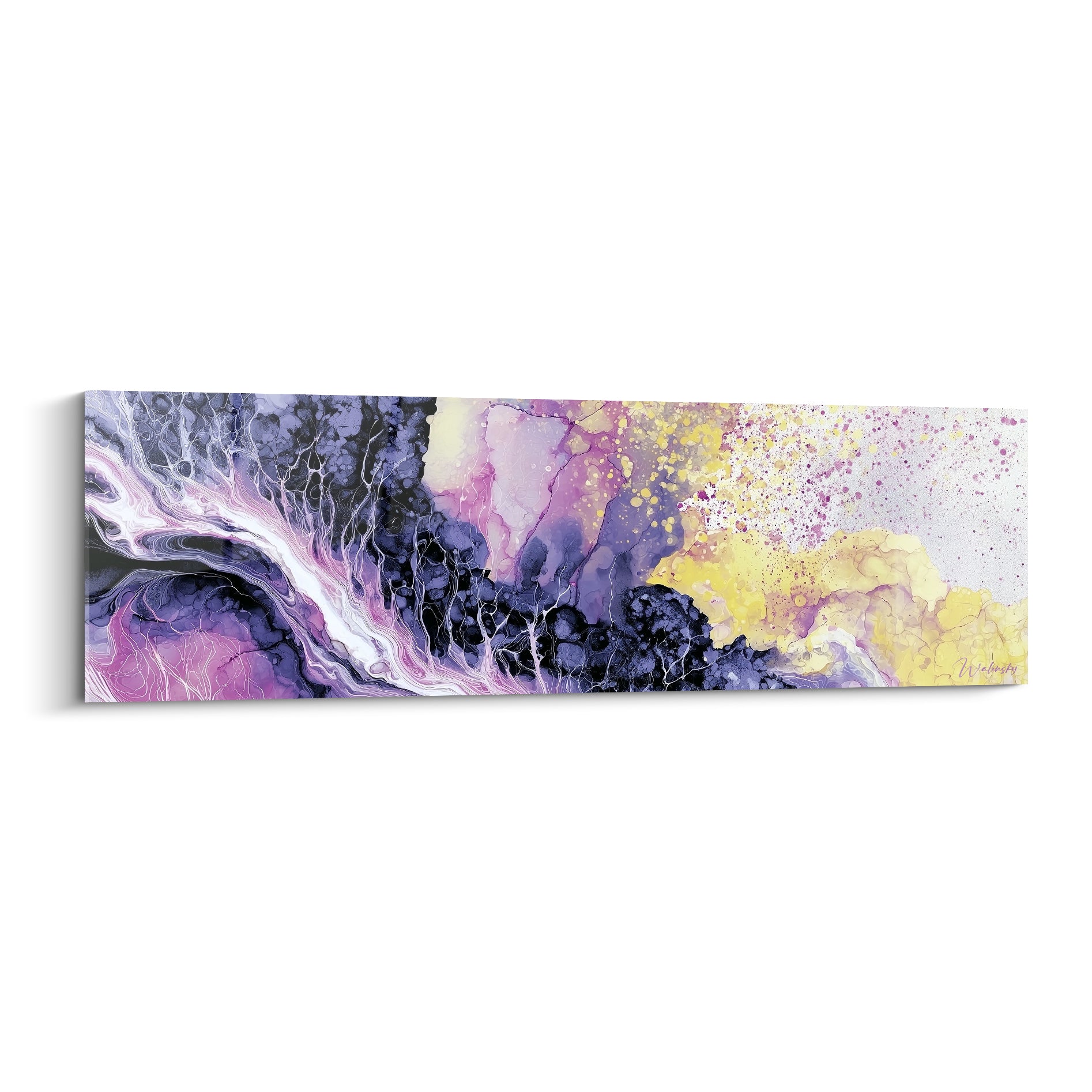 Coulée d'encre violette et dorée en éclaboussures sur fond blanc, tableau artistique abstrait fluide