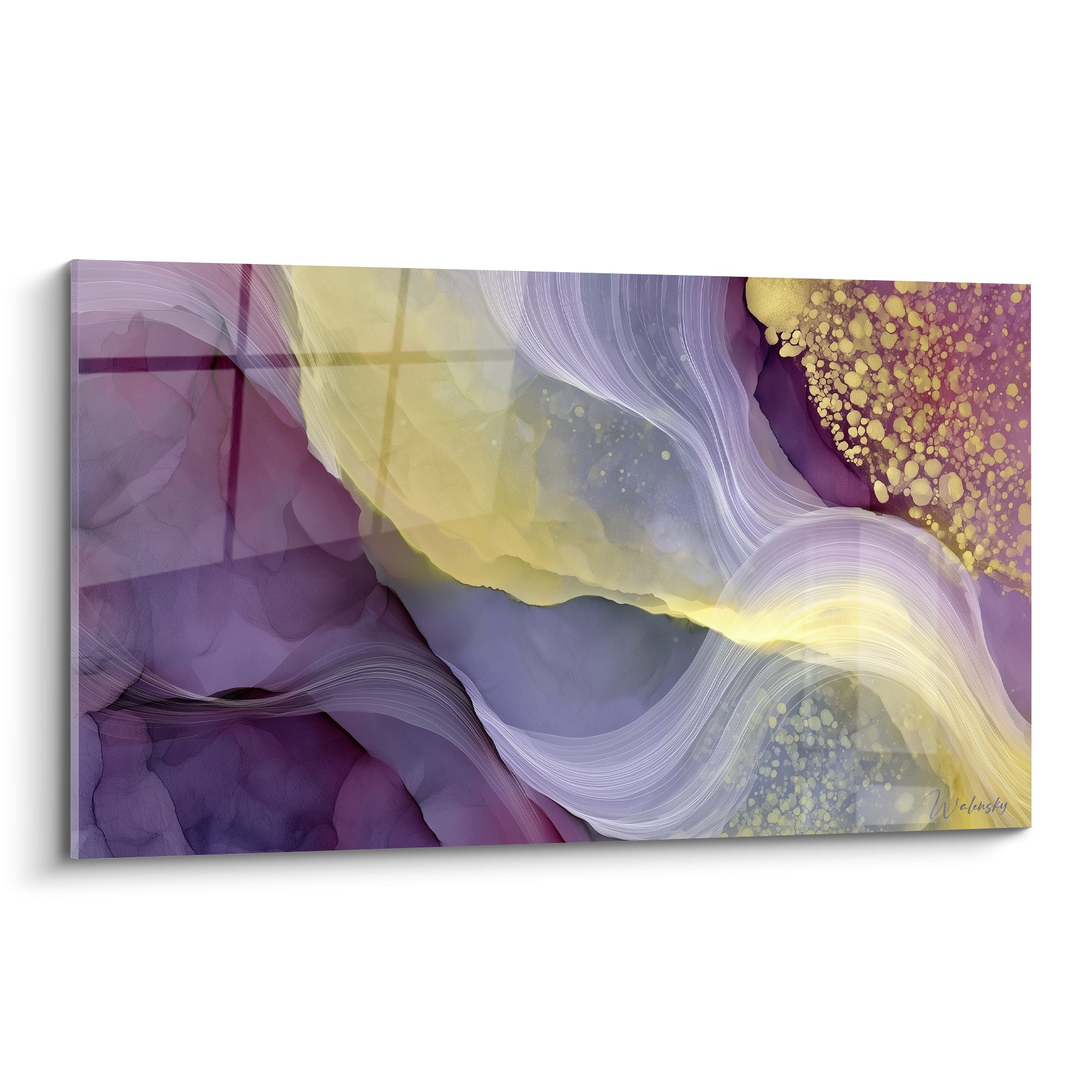 Volutes violettes et dorées en mouvement fluide, effet encre marbrée sur toile abstraite