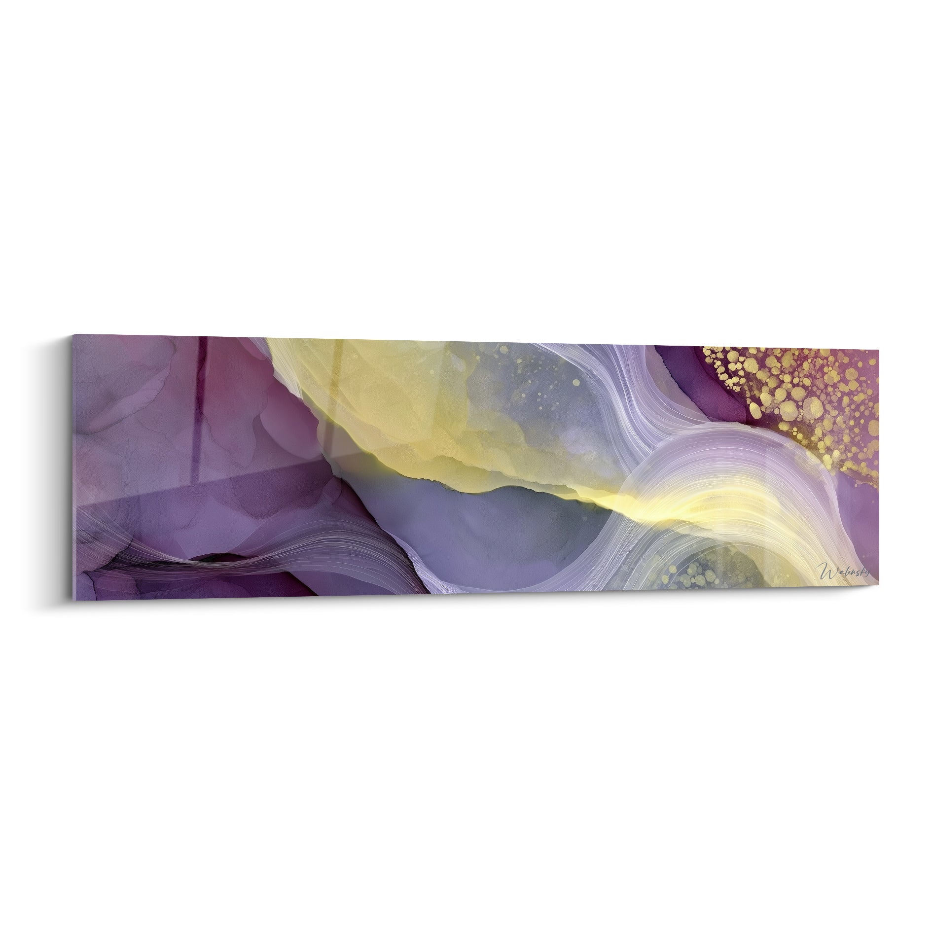 Vagues d'encre violette et dorée en tableau artistique abstrait aux courbes fluides et lumineuses