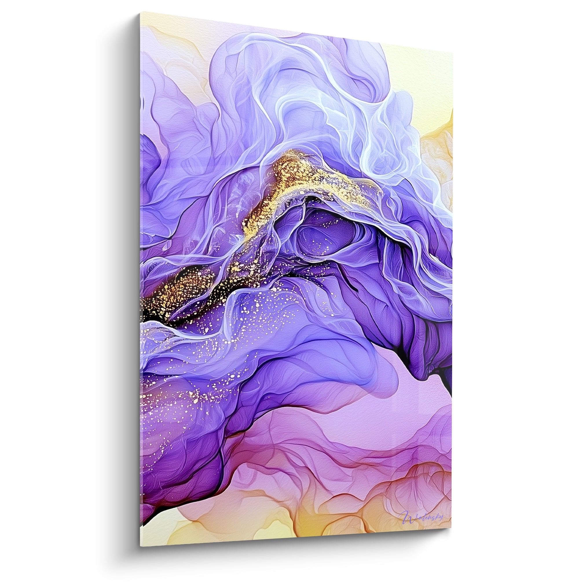 Volutes violettes et dorées en plein cadre, tableau abstrait aux teintes mauve et rose poudré