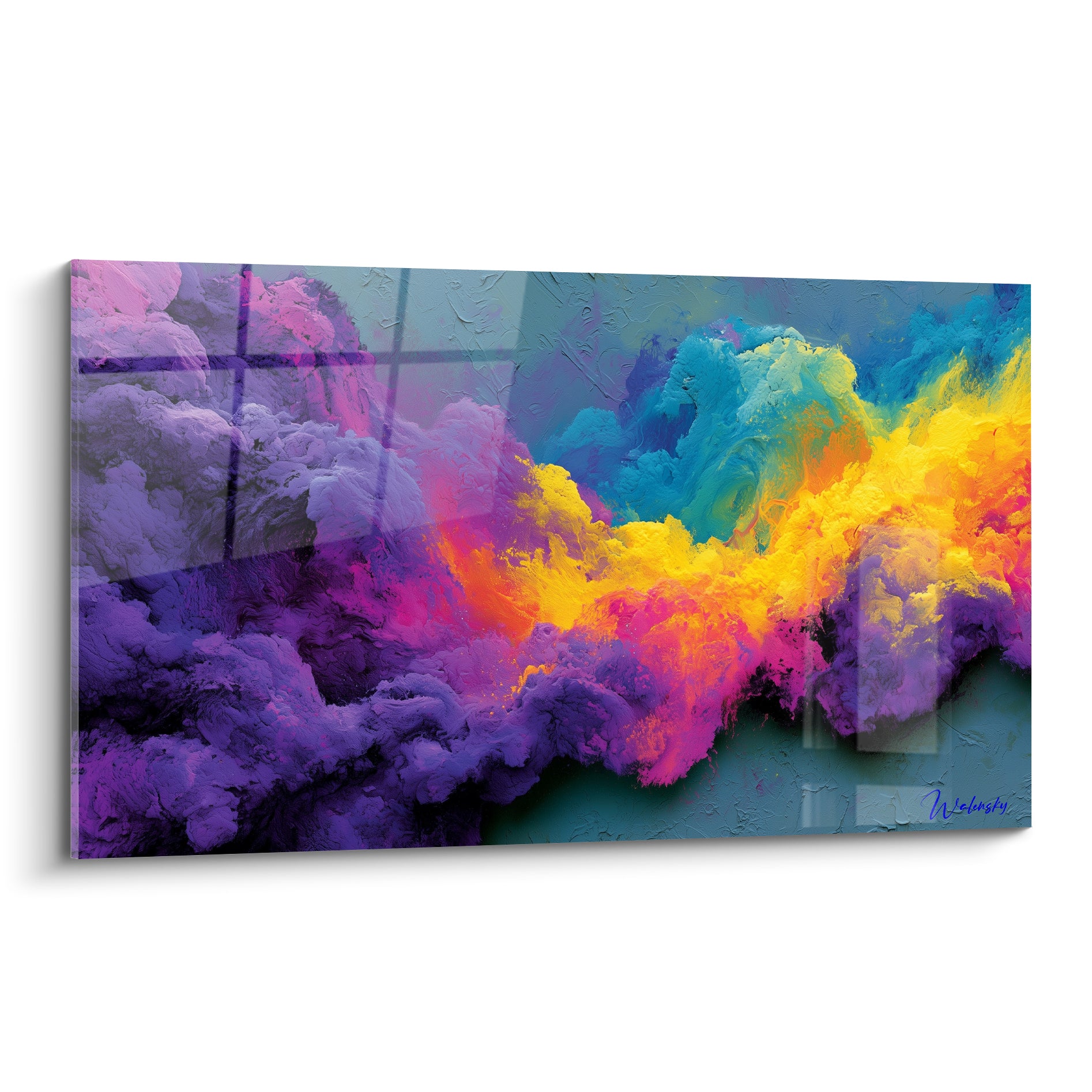 Nuage abstrait violet et jaune en pleine collision colorée sur fond bleu anthracite texturé