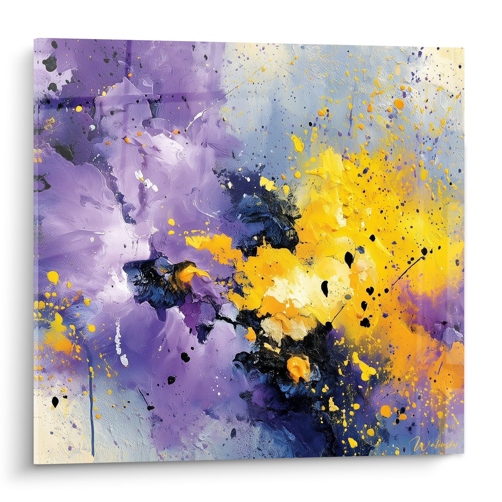 Explosion abstraite violette et jaune aux éclats anthracite, texture picturale expressive et vibrante