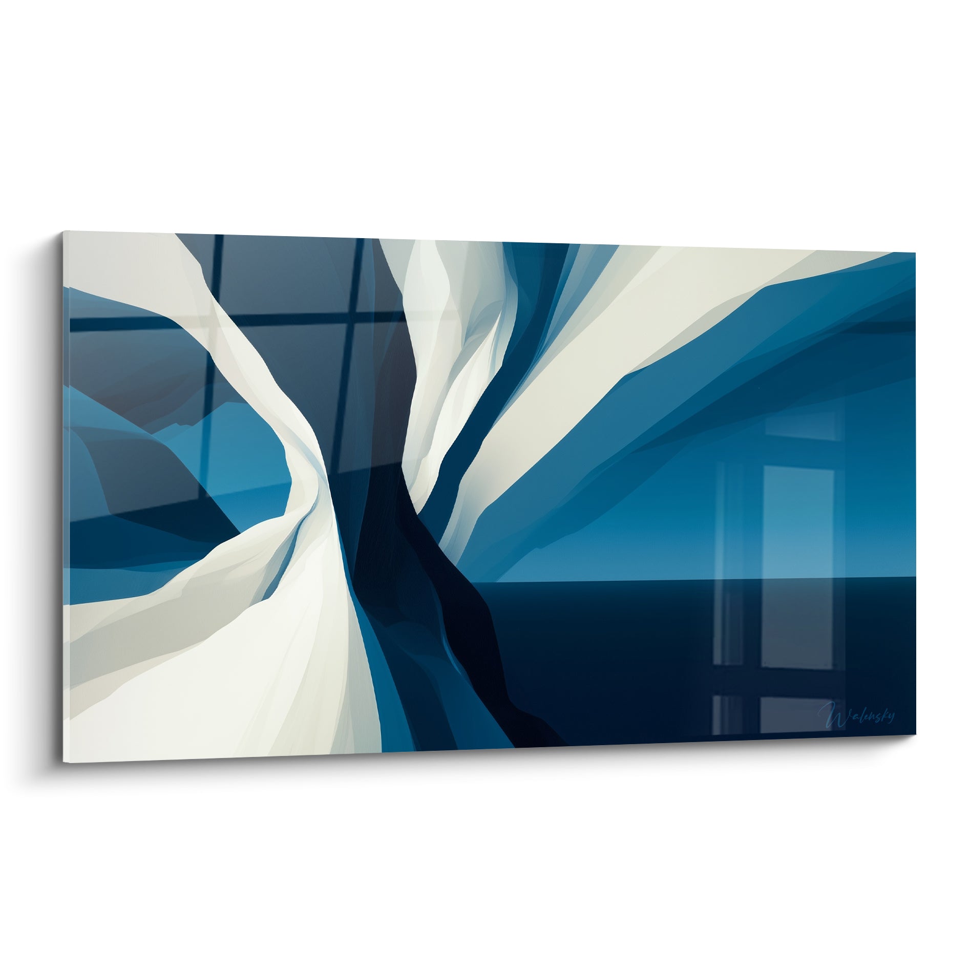 Voiles fluides bleu marine et blanc cassé, tableau artistique abstrait en torsion verticale