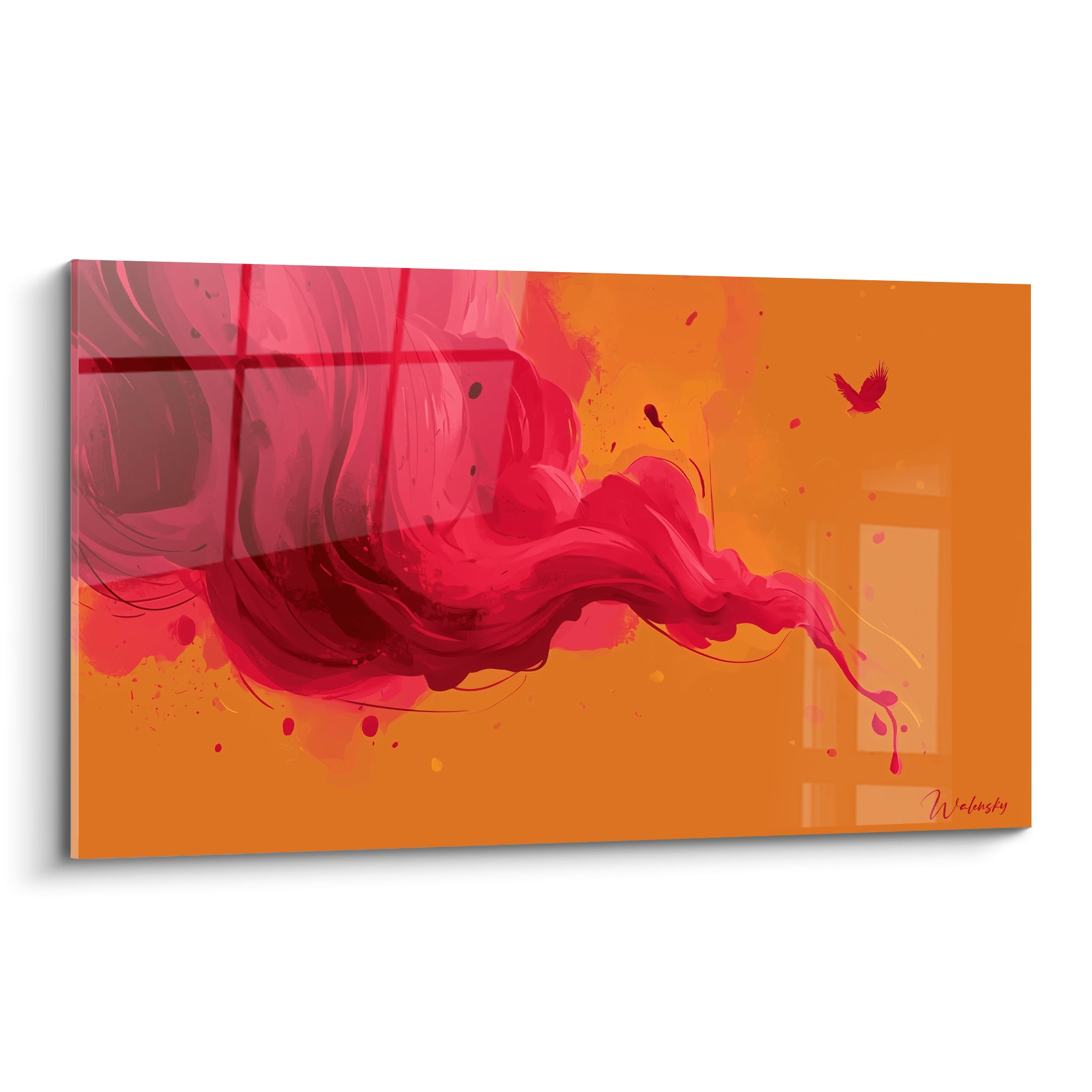 Volute pourpre fluide traversant un fond orangé vif, style artistique abstrait gestuel intense