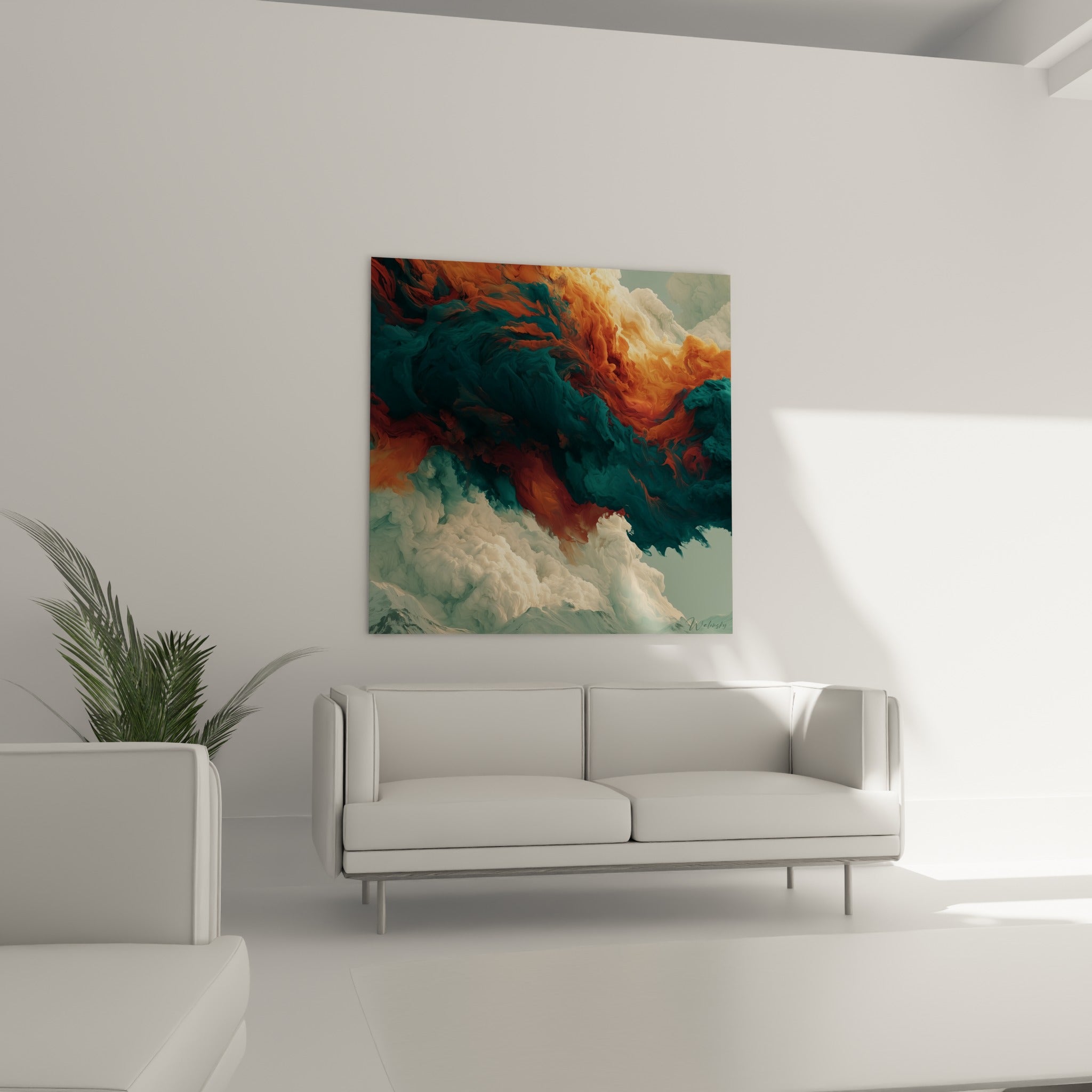 Masses colorées orange et bleu sarcelle en mouvement, tableau au-dessus d'un canapé dans un salon lumineux