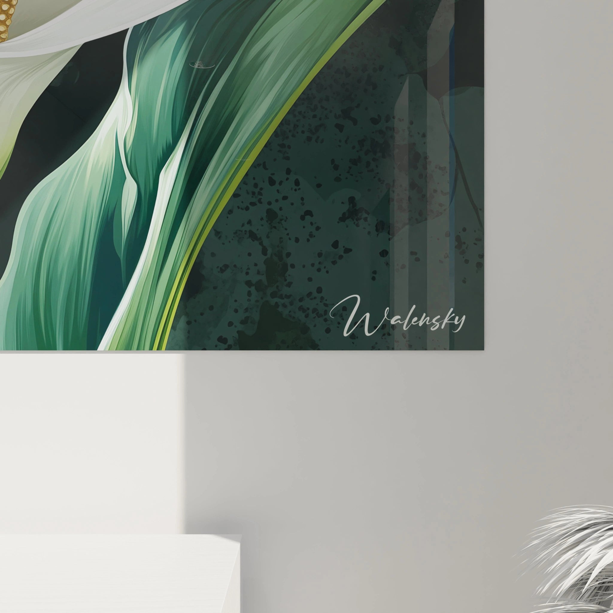 Un tableau Arum nature présentant deux arums blancs aux textures lisses, avec des feuilles vert foncé nervurées, placés sur un arrière-plan noir profond avec des ombres diffuses.