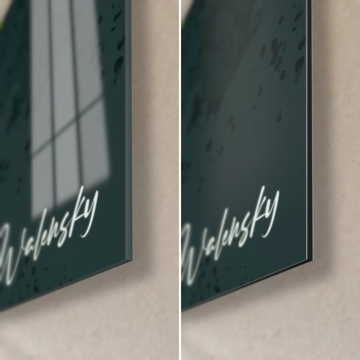 Wall art white arum flowers, bottom right corner: glossy acrylic glass on the left, matt deep green aluminium Dibond on the right, 3 mm edge