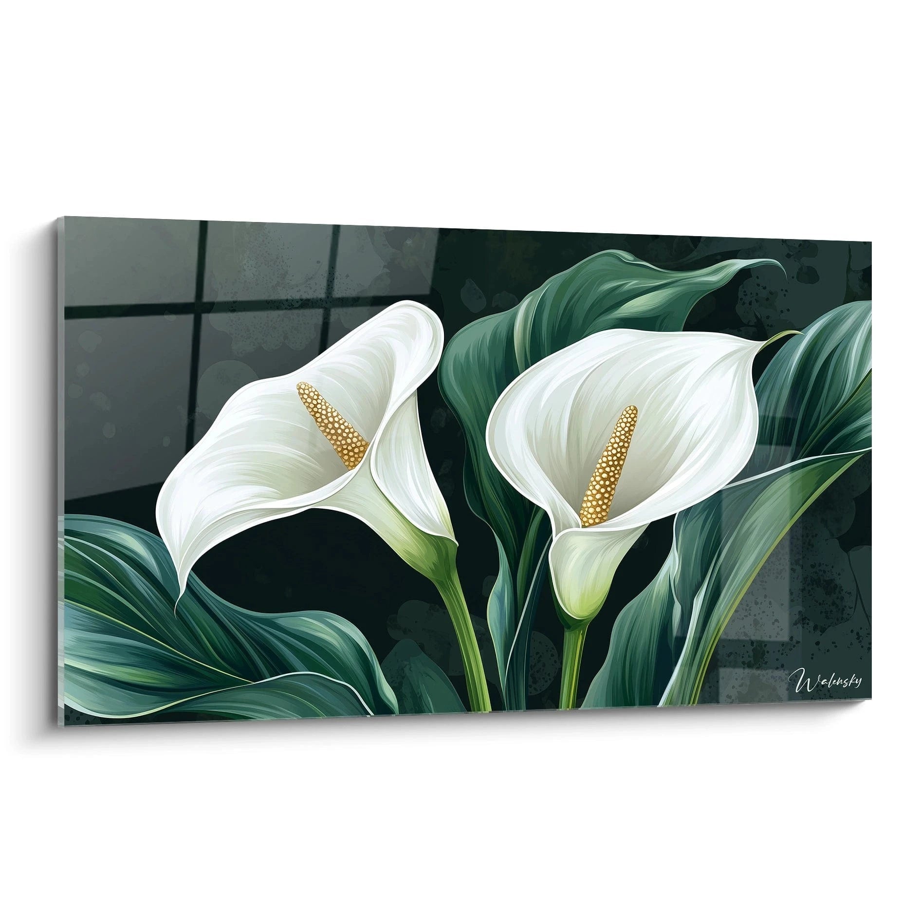 Un tableau Arum nature représentant deux fleurs blanches aux pétales lisses et courbes, entourées de larges feuilles vertes détaillées sur un fond noir texturé.