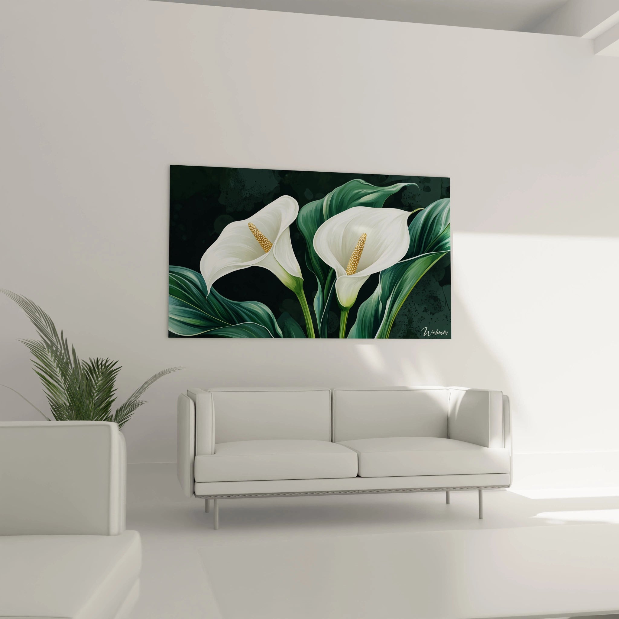 Un tableau Arum nature illustrant deux fleurs d’arum aux formes nettes, avec un jeu de lumière sur les pétales et des feuilles vert foncé détaillées sur un fond noir légèrement moucheté.