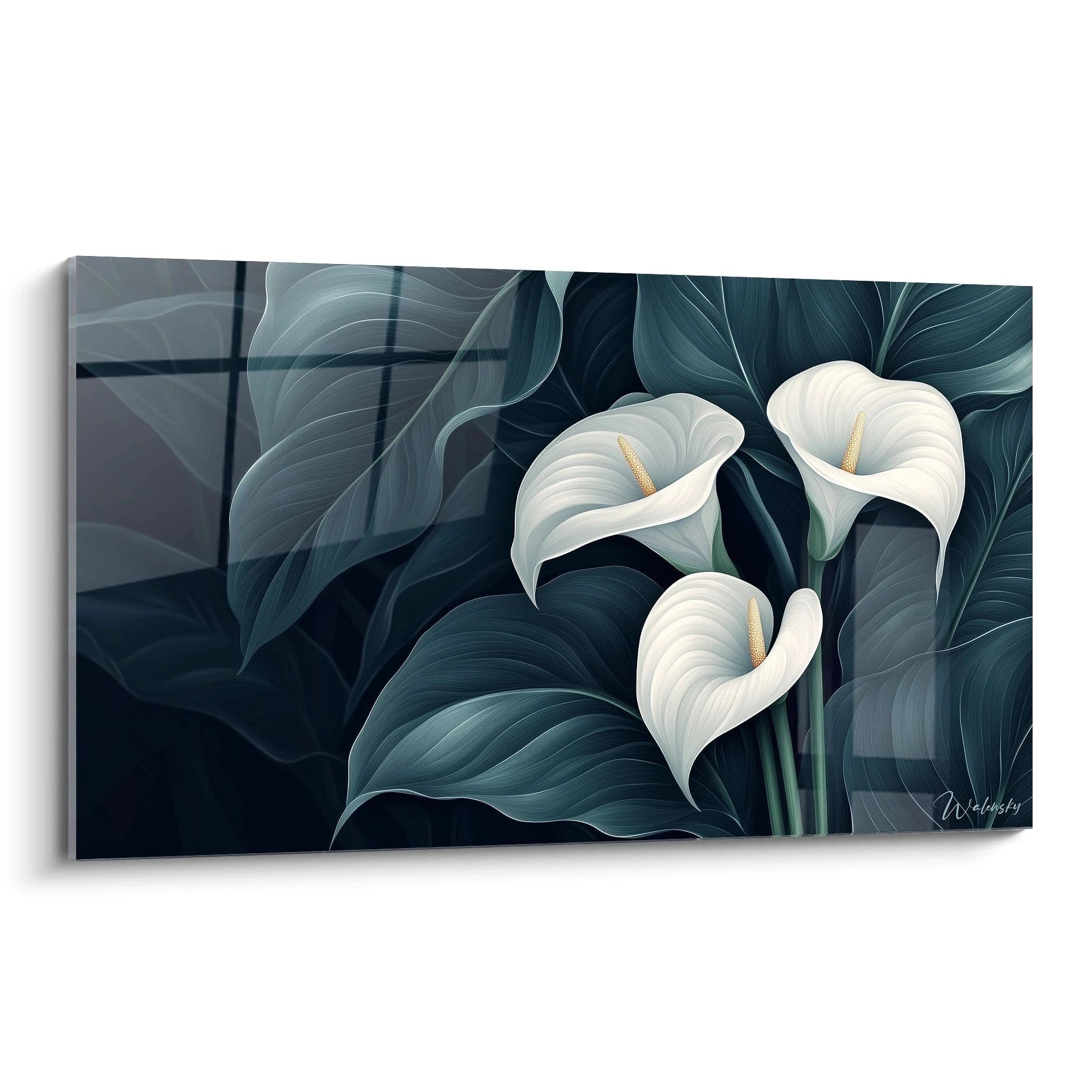 Un tableau Arum nature illustrant trois fleurs blanches aux pétales lisses et des feuilles vert foncé détaillées, avec des effets de texture douce et des ombrages subtils sur un fond sombre.
