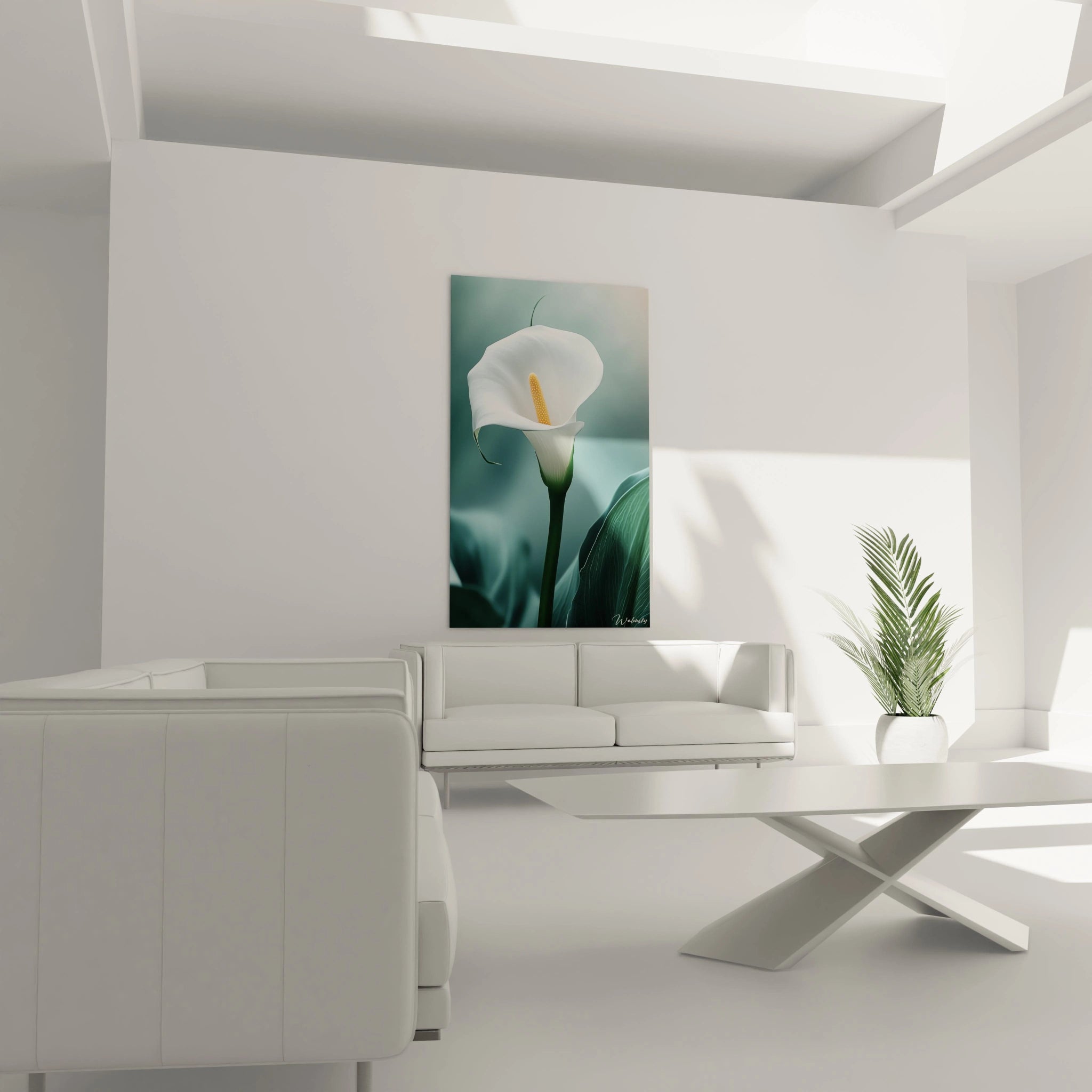 Un tableau Arum nature mettant en avant une fleur d’arum aux contours nets, avec un pétale blanc légèrement courbé, une tige verte et un fond dégradé gris-bleu aux nuances subtiles.