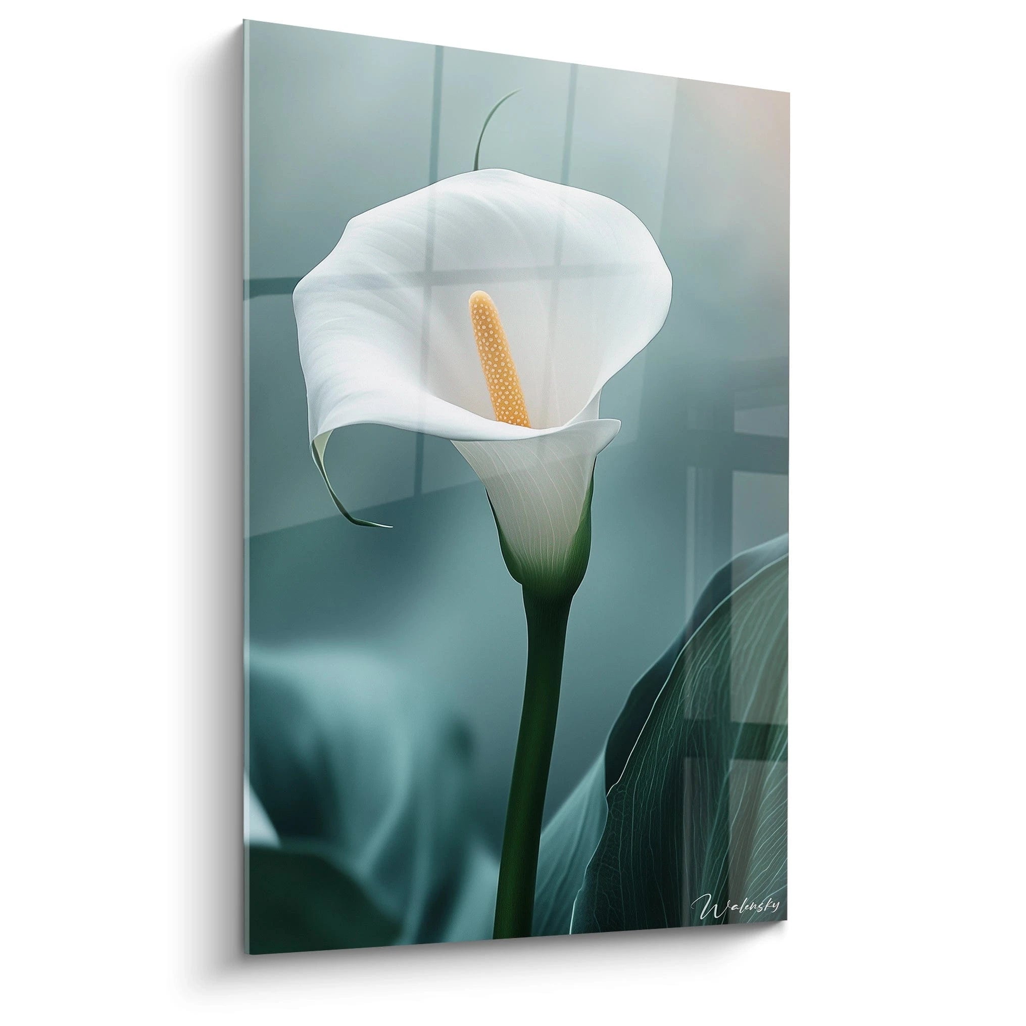 Un tableau Arum nature représentant une fleur d’arum blanche aux pétales lisses et un pistil jaune, avec une tige verte et un fond dégradé bleu-gris légèrement flouté.