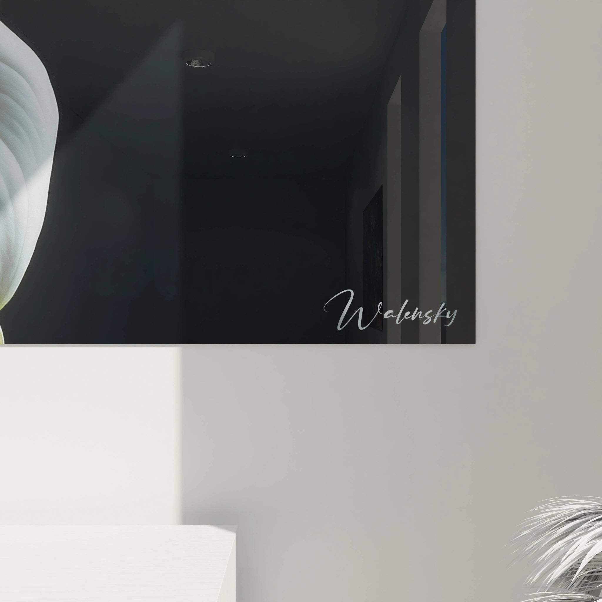 Un tableau Arum nature mettant en scÚne trois arums blancs en gros plan, avec un pistil jaune granuleux et des tiges vertes. Le fond noir crée une profondeur visuelle marquée par des contrastes lumineux.