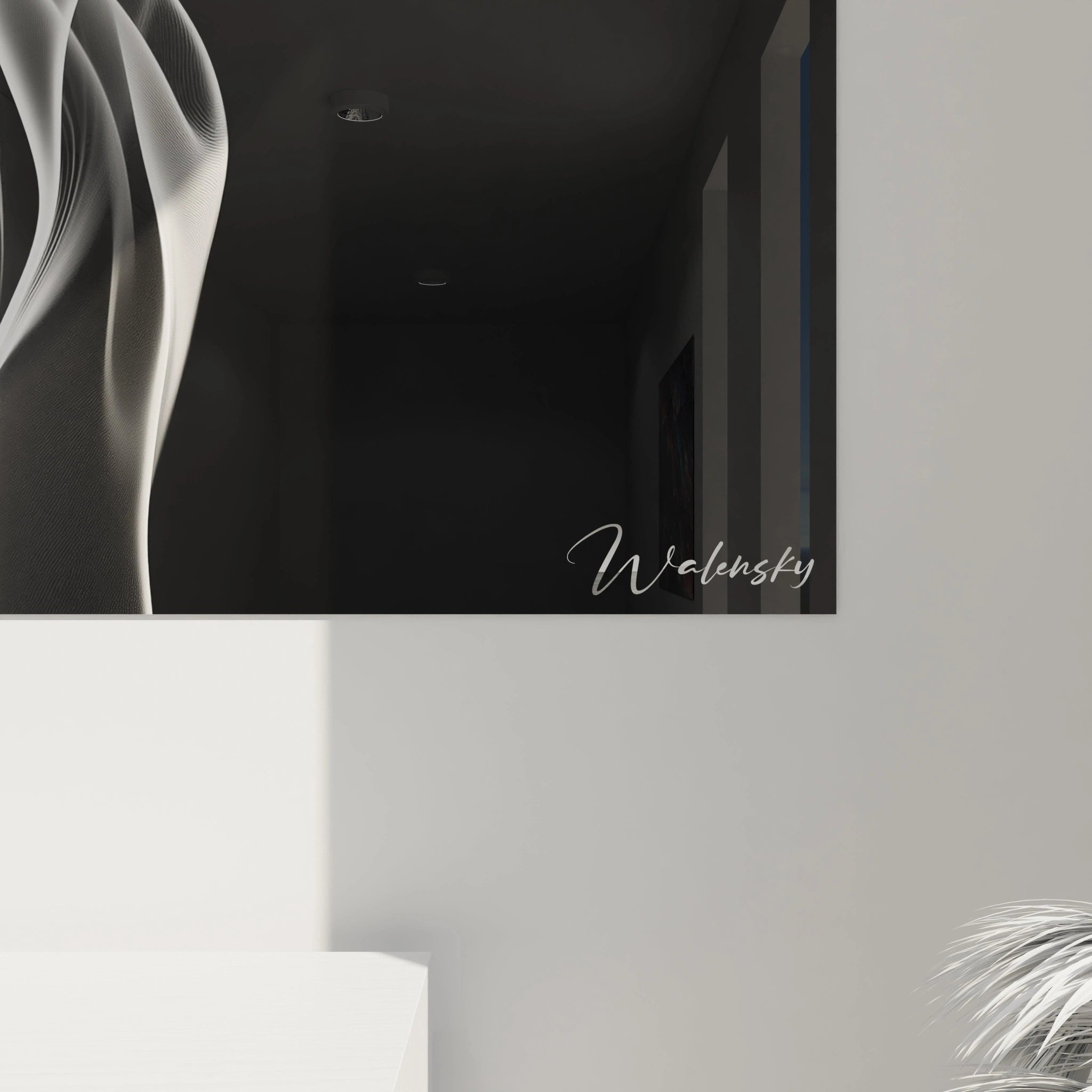 Un tableau noir et blanc montrant des formes blanches fluides évoquant la fumée en suspension, caractérisé par des courbes gracieuses et des transitions subtiles entre opacité et transparence sur arrière-plan noir intense.