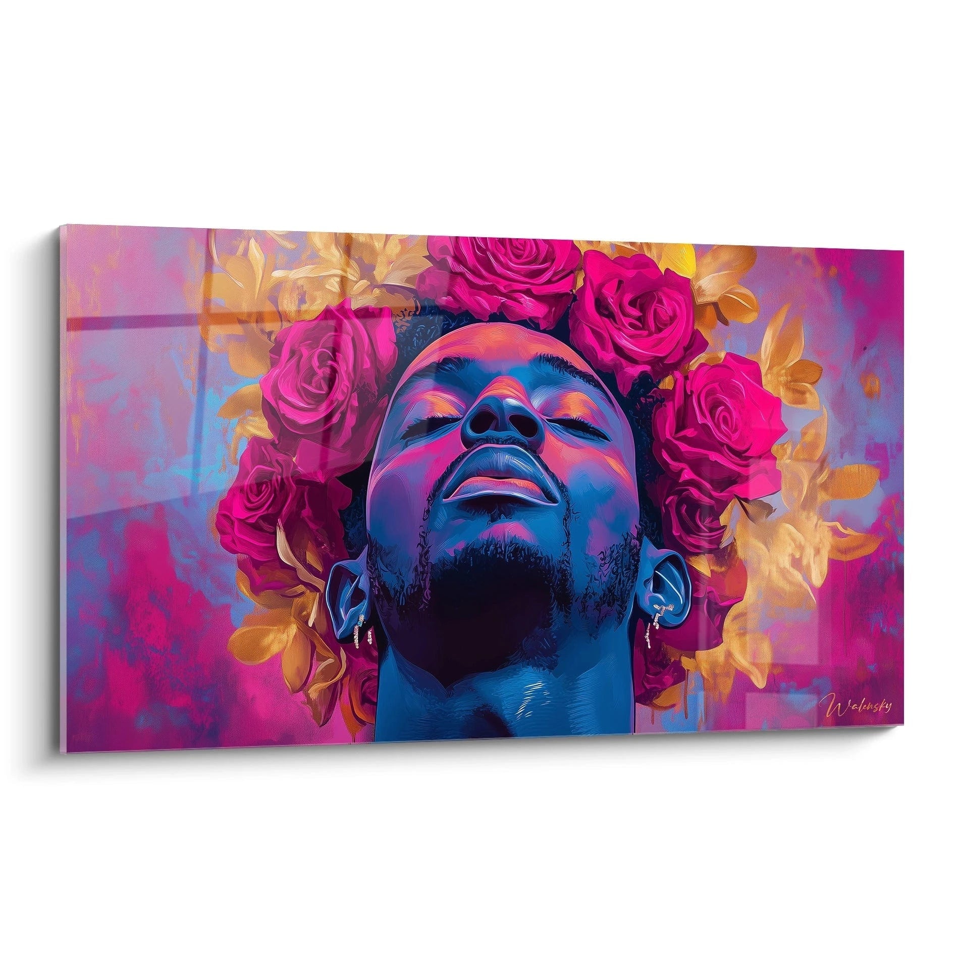 Un tableau artistique représentant un visage masculin à la peau bleue regardant vers le ciel, entouré de roses fuchsia éclatantes et de feuillages dorés, sur un fond violet-rose créant une atmosphère transcendante.