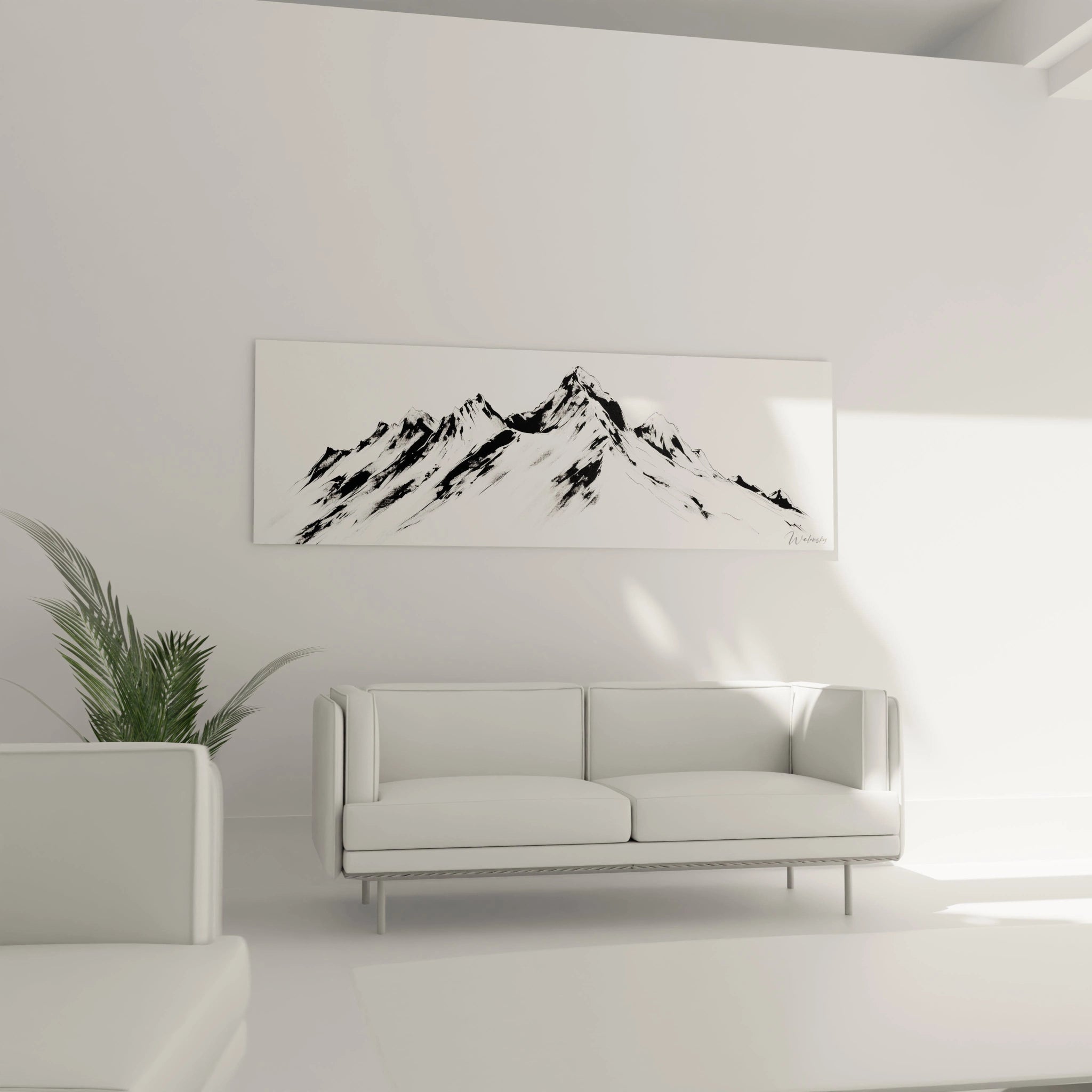 Un tableau montagne abstrait aux lignes fluides dessinant une succession de sommets acérés. L'artiste a utilisé une technique proche du sumi-e japonais, avec des traits d'intensité variable pour suggérer reliefs et textures. L'œuvre monochrome joue sur les contrastes entre noir intense et blanc pur pour évoquer la grandeur alpine.