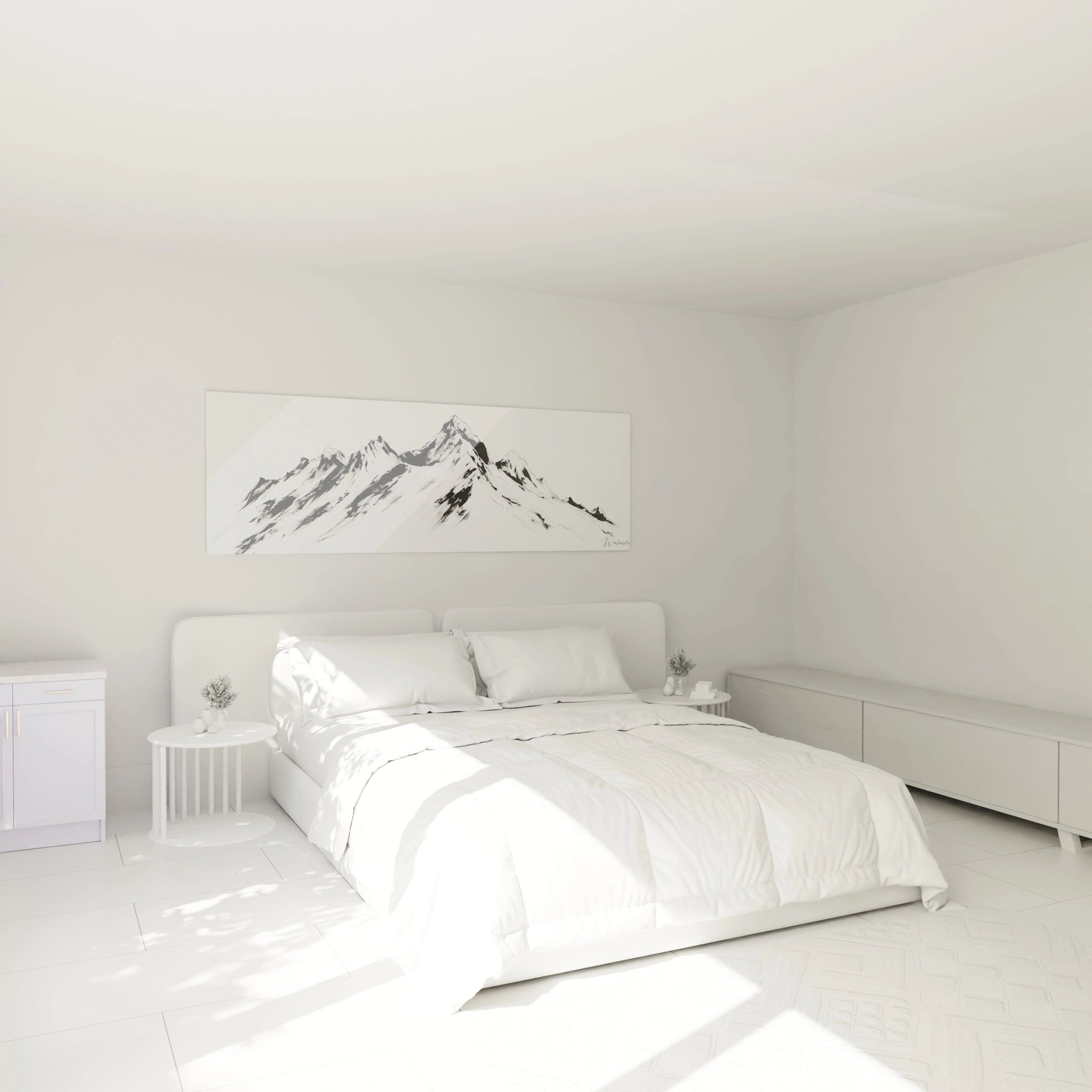 Un tableau montagne minimaliste illustrant des pics alpins dans un style épuré. Les traits à l'encre noire tracent avec précision les crêtes et les versants, créant un jeu visuel entre le noir profond des ombres et le blanc immaculé suggérant la neige. La composition horizontale capture l'étendue majestueuse du massif.