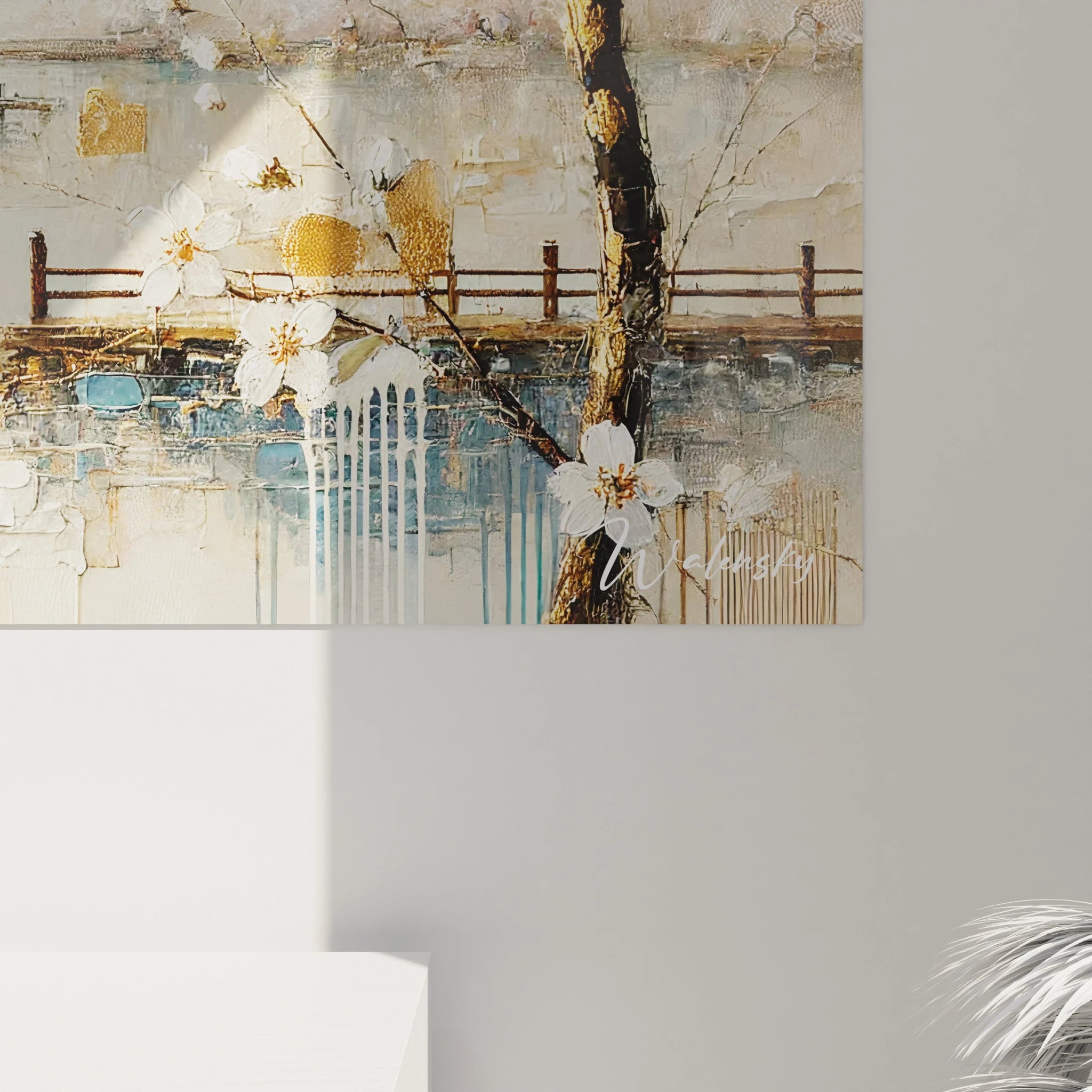 Vue de pres, ce tableau Asie revele la finesse de chaque detail : le reflet d une barque solitaire et les fleurs de cerisier qui symbolisent la fragilite et la beaute