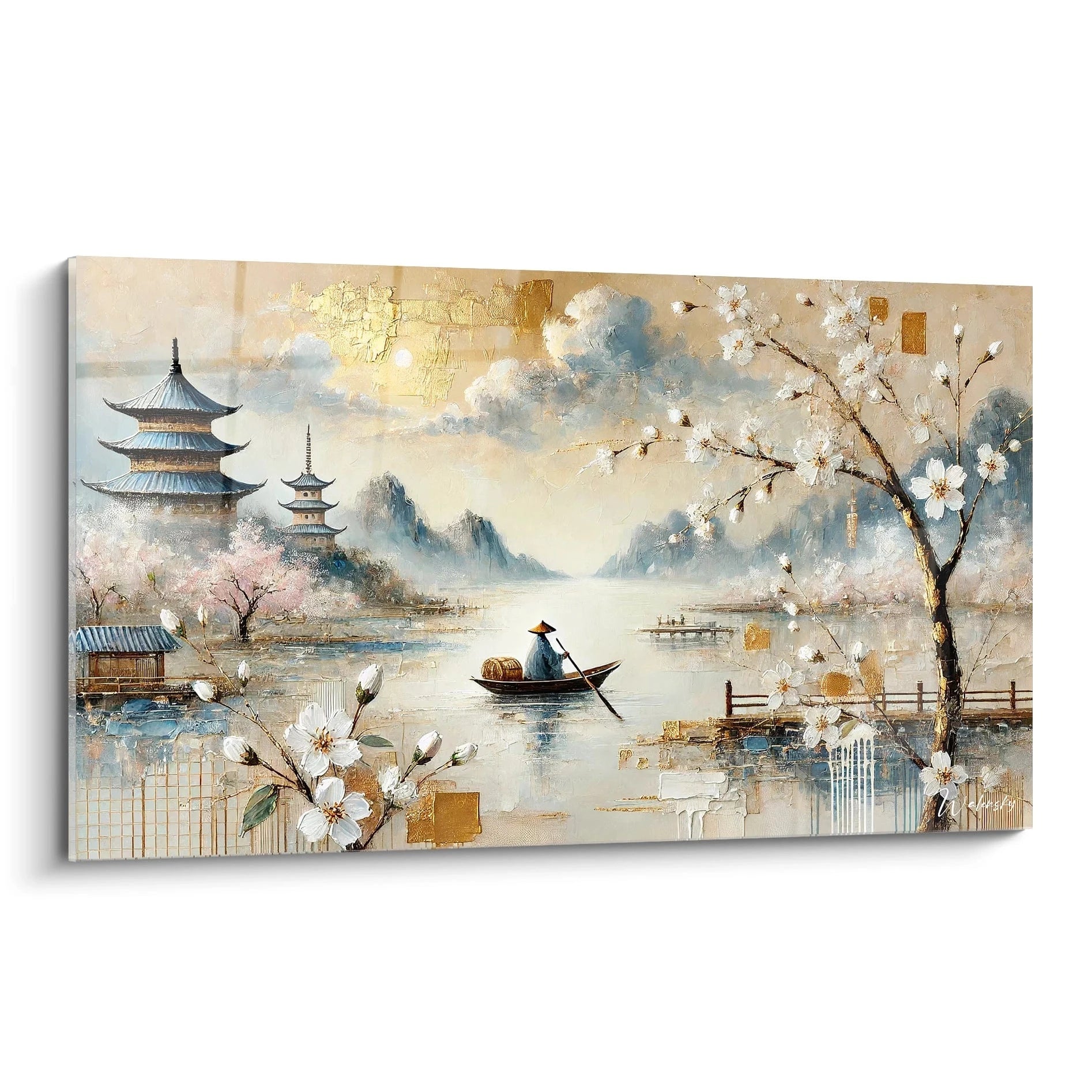 Ce tableau Asie capture la serenite des matins brumeux orientaux avec ses montagnes silencieuses et ses temples majestueux, evoquant la quete de paix et la contemplation