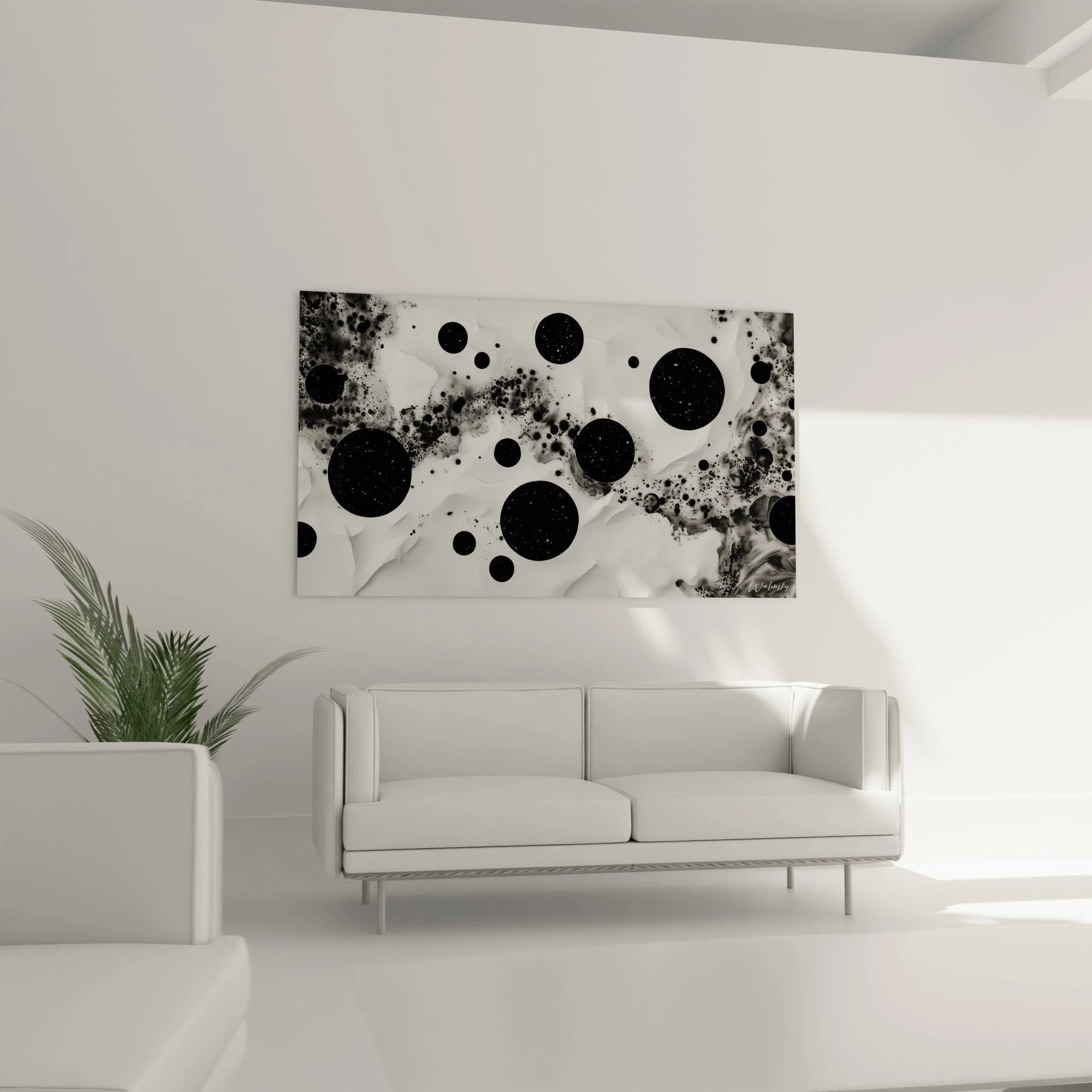 Tableau tacheté noir et blanc de Walensky, parfait pour décorer votre salon moderne