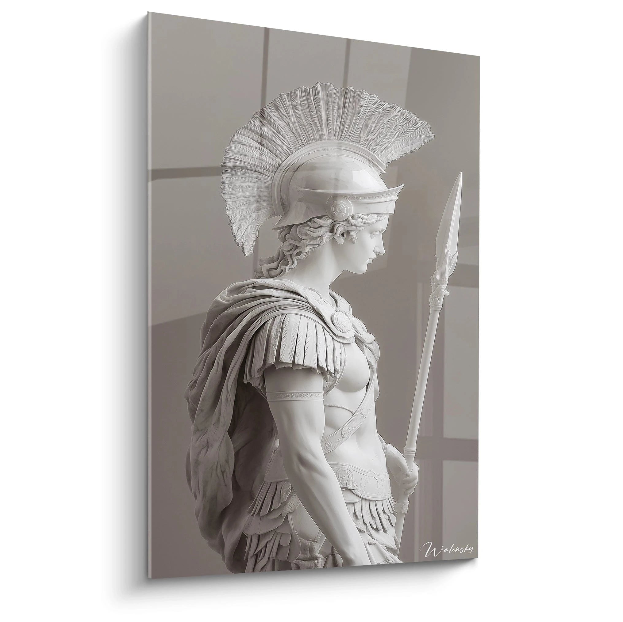 Un tableau représentant Athéna, déesse grecque, de profil avec casque corinthien à cimier, armure détaillée et lance. Sculpture monochrome blanche sur fond gris, avec textures détaillées et finition mate, capturant la divinité guerrière dans une pose classique.