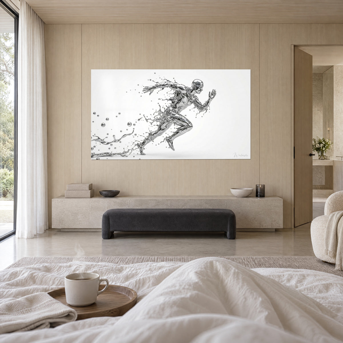 Quadro sagoma metallica lanciata in piena corsa, schizzi d'acqua grigio argento su bianco, sopra un letto in una camera luminosa