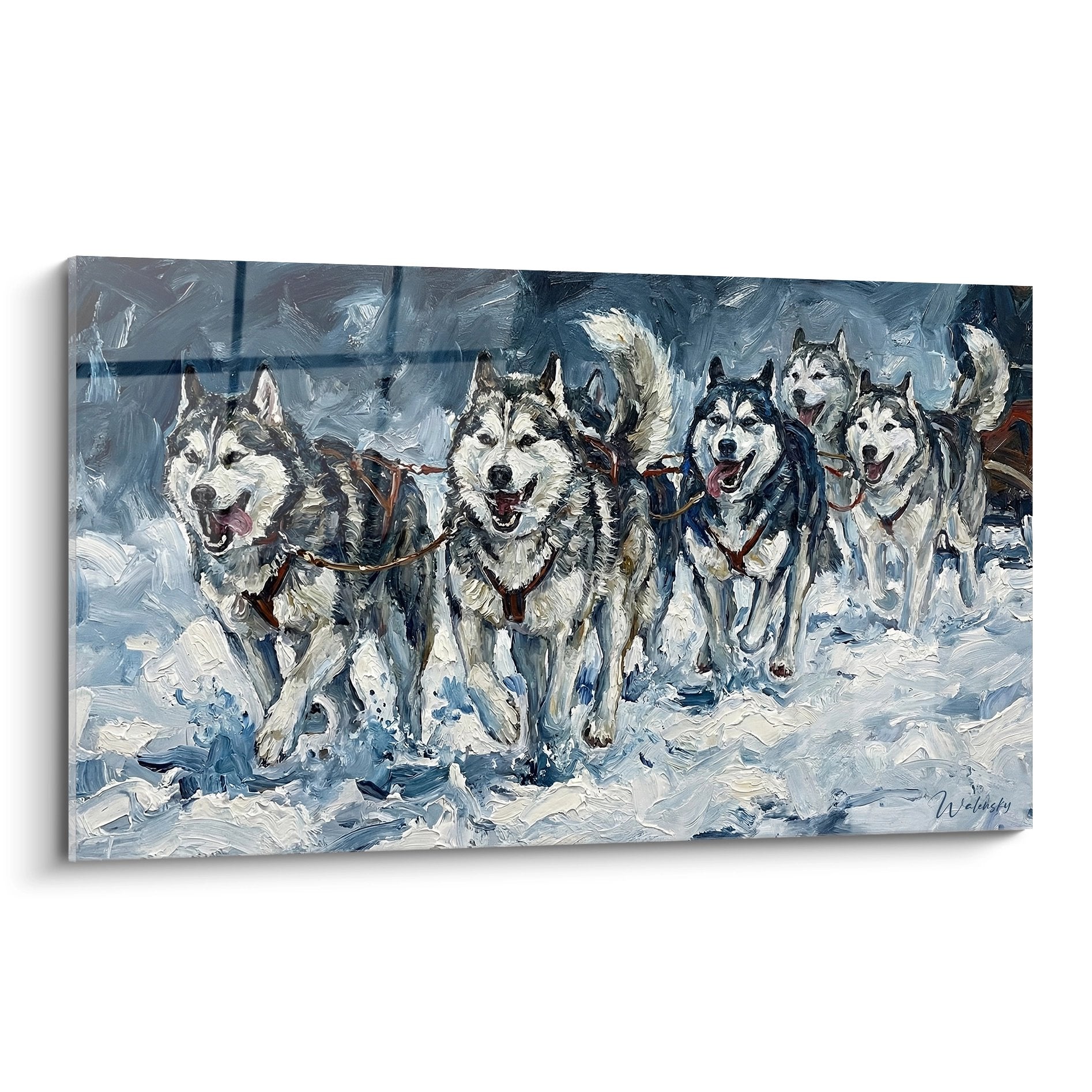 Tableau attelage chiens traîneau husky sibérien course neige peinture bleue blanche mouvement dynamique