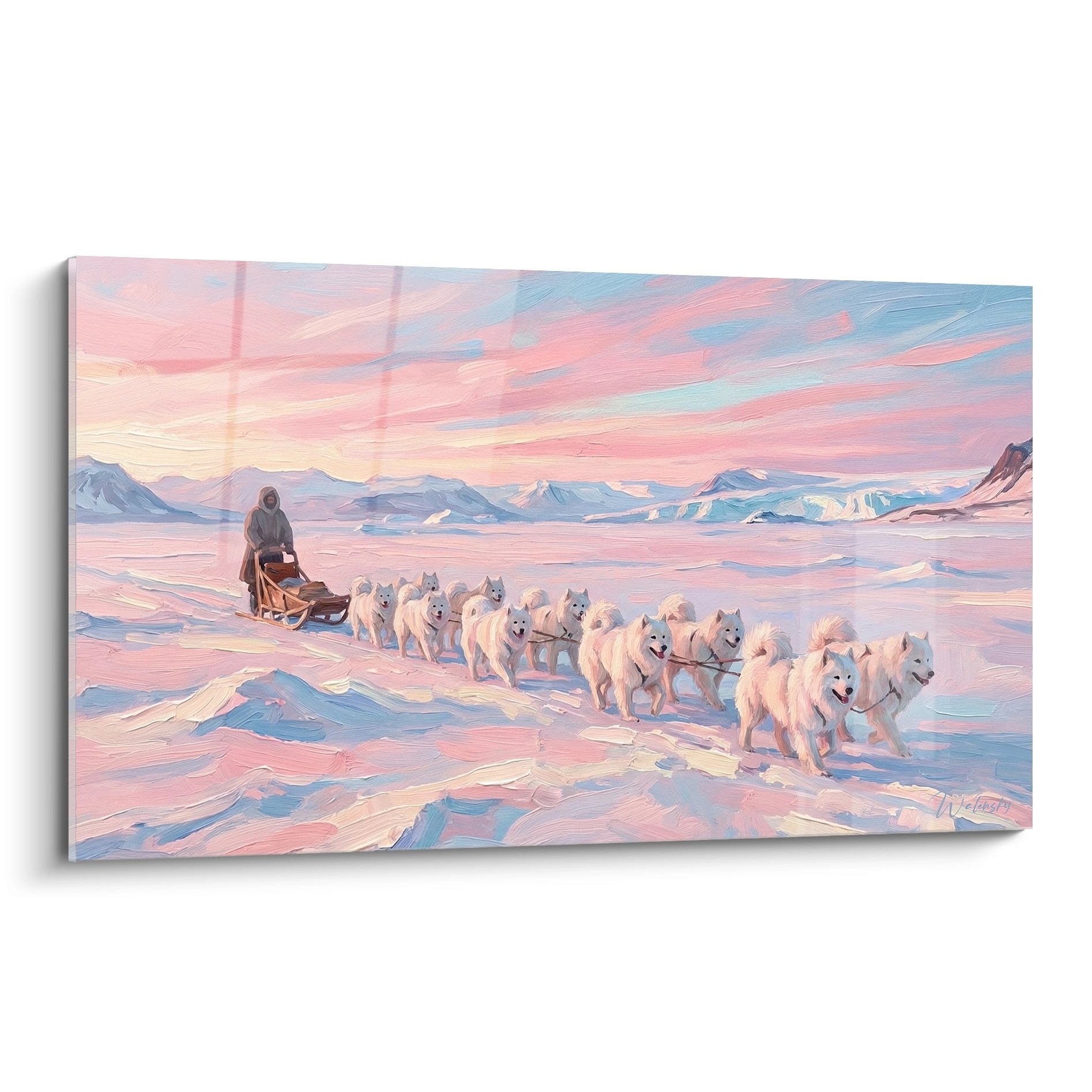 Tableau attelage de chiens samoyedes blancs traineau paysage arctique rose bleu montagne neige art polaire