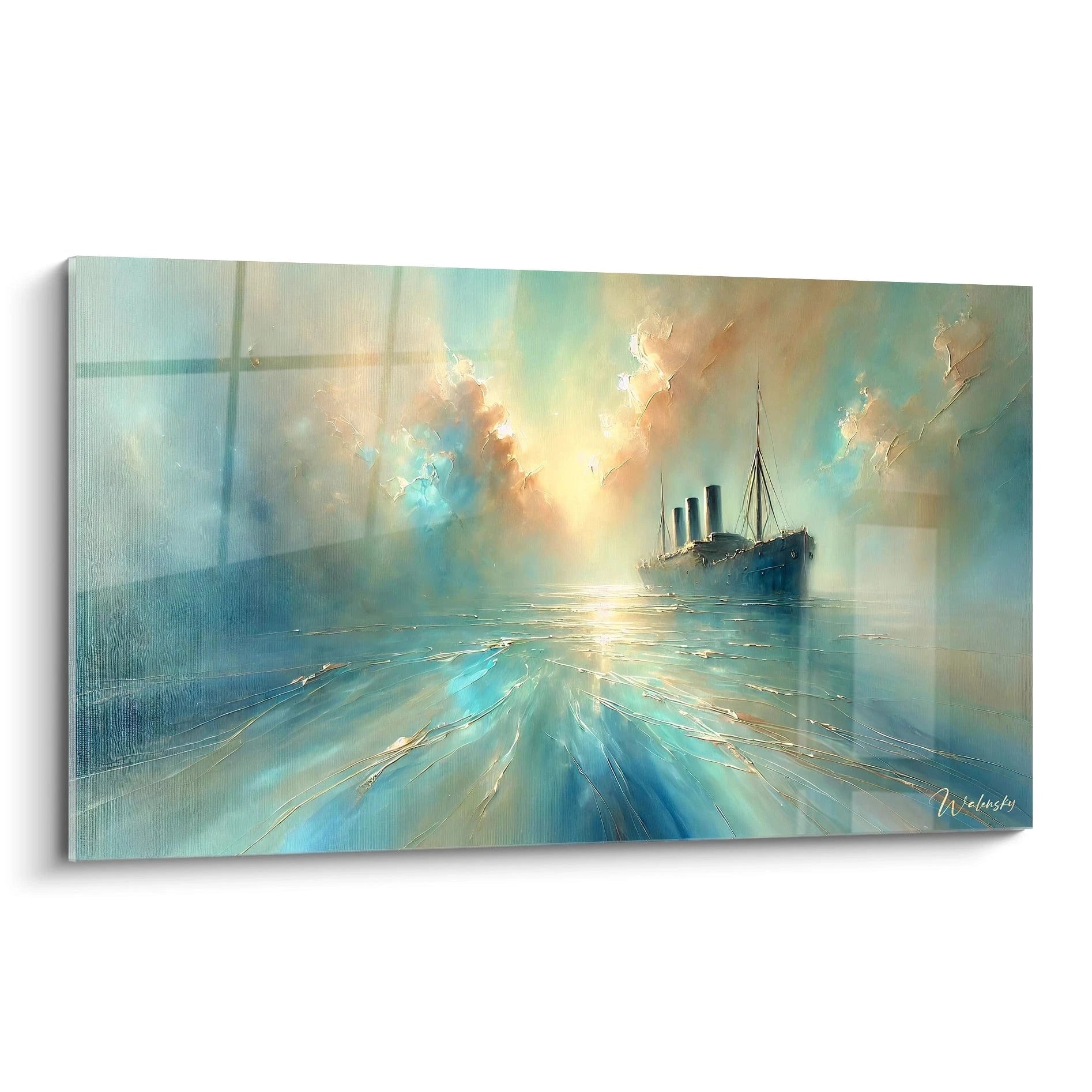 Tableau maritime de navire majestueux sur une mer calme, vue de biais. AtmosphÚre sereine avec ciel aux tons pastel. Idéal pour une décoration nautique raffinée."