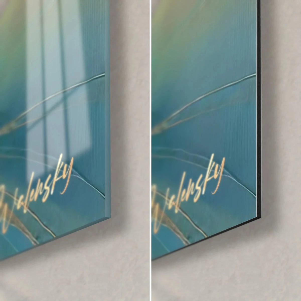 Wall art abstract ship with golden drips, smooth turquoise glossy glass and matte Dibond, 3 mm edge, bottom right corner