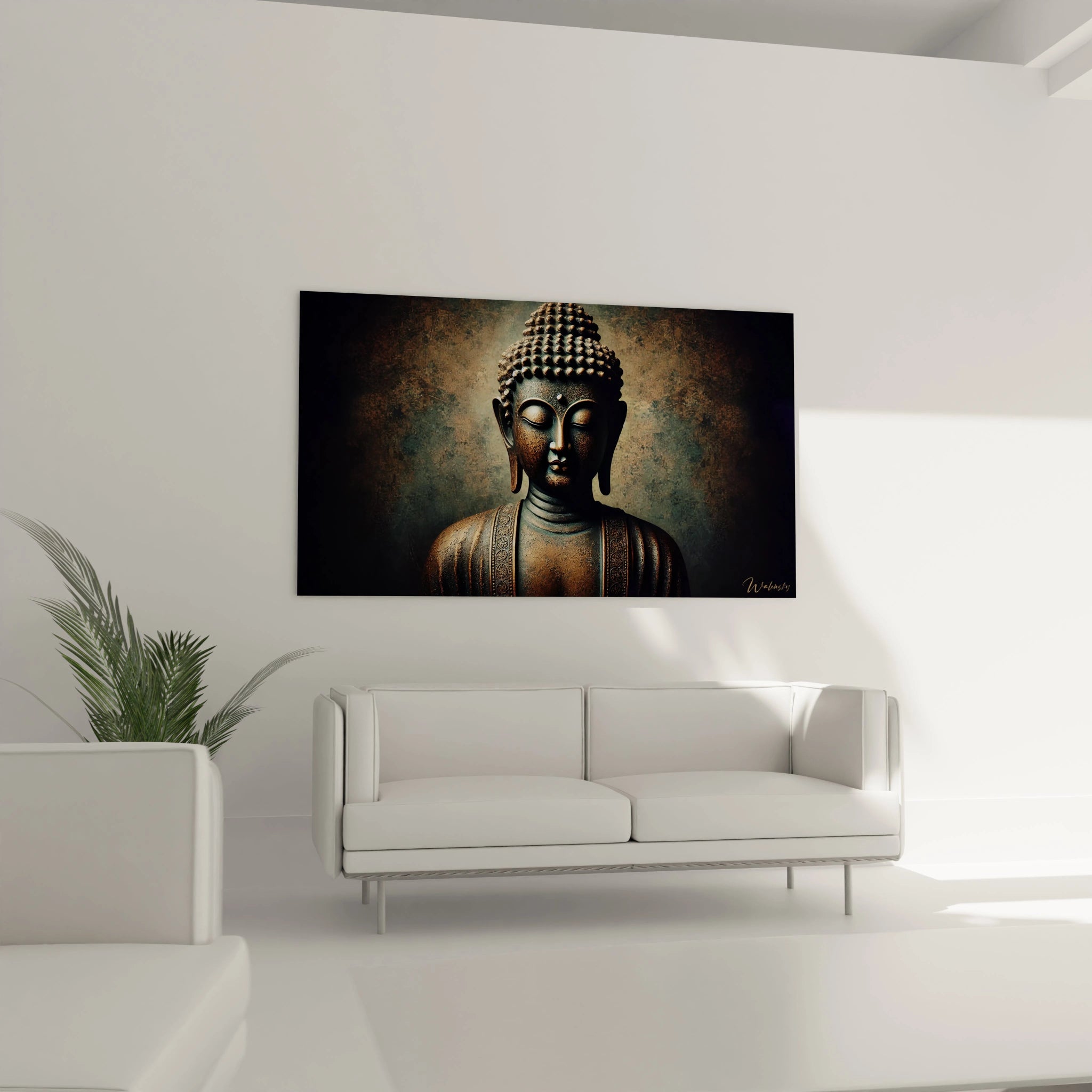 Ce tableau Bouddha sublime votre salon en s’imposant au-dessus du canapé. Ses détails texturés et ses teintes dorées transforment votre espace en un havre de paix et d'élégance.