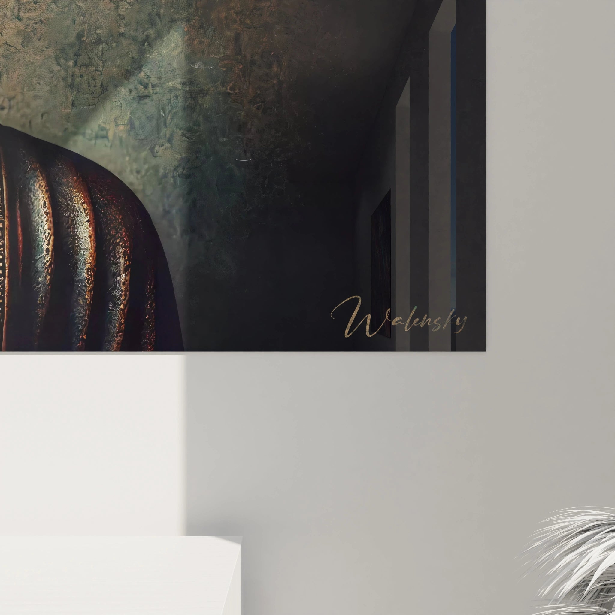 En gros plan, les détails texturés et les teintes bronze de ce tableau Bouddha révèlent toute sa profondeur. L'œuvre incarne la sérénité et invite à une réflexion spirituelle apaisante.