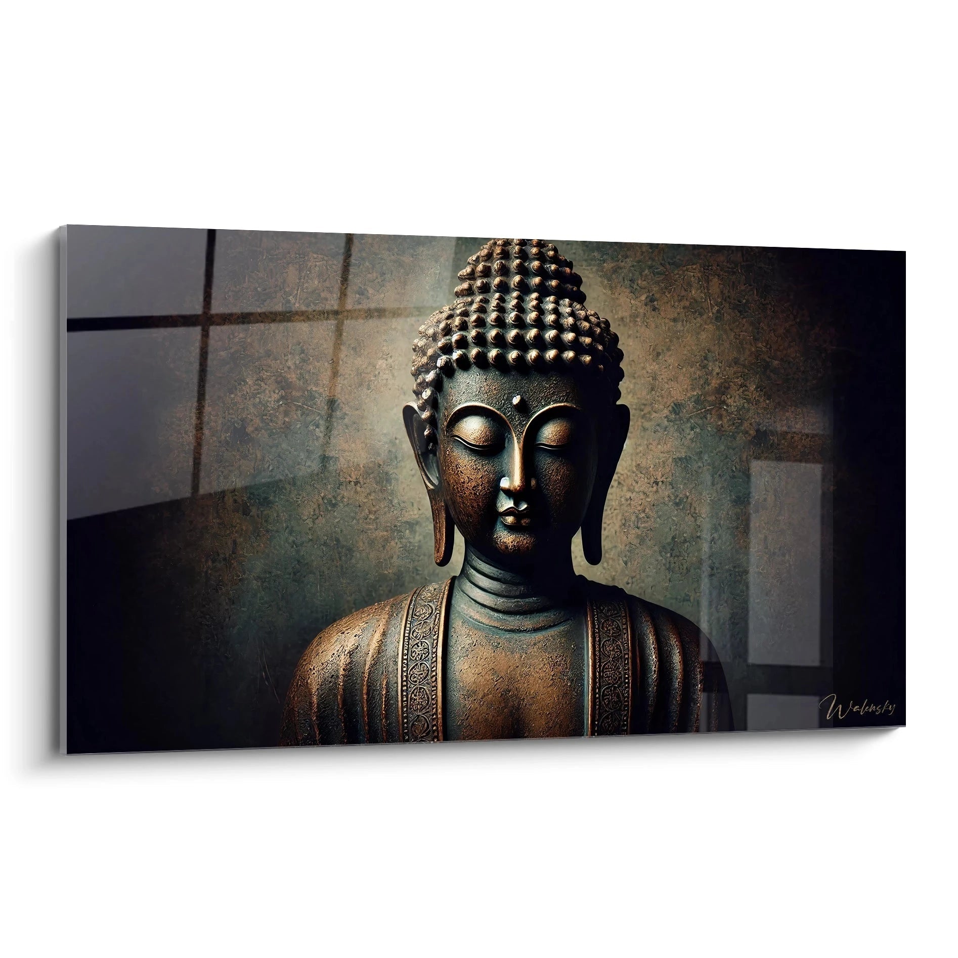 Vue de biais, ce tableau Bouddha aux teintes bronze et or capte la sérénité. Son style contemporain et texturé s'inspire des temples asiatiques, apportant calme et spiritualité à votre intérieur.