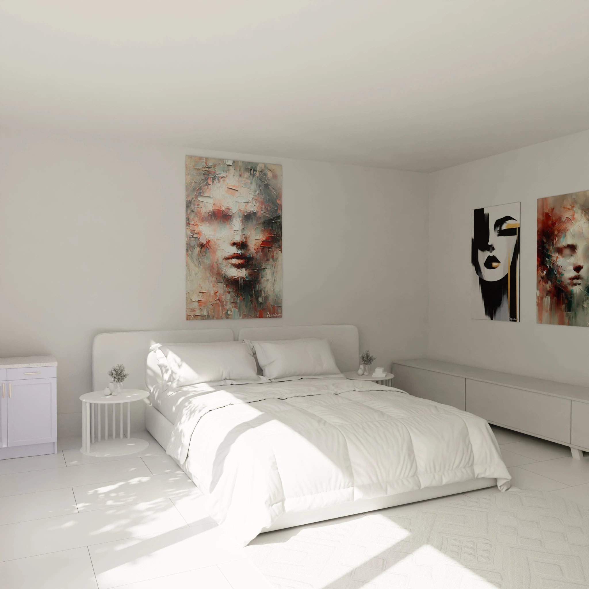 Tableau abstrait accroché au-dessus du lit. Les teintes rouge, blanc cassé et gris ajoutent une touche artistique et mystérieuse à la chambre. Parfait pour une décoration moderne et expressive.