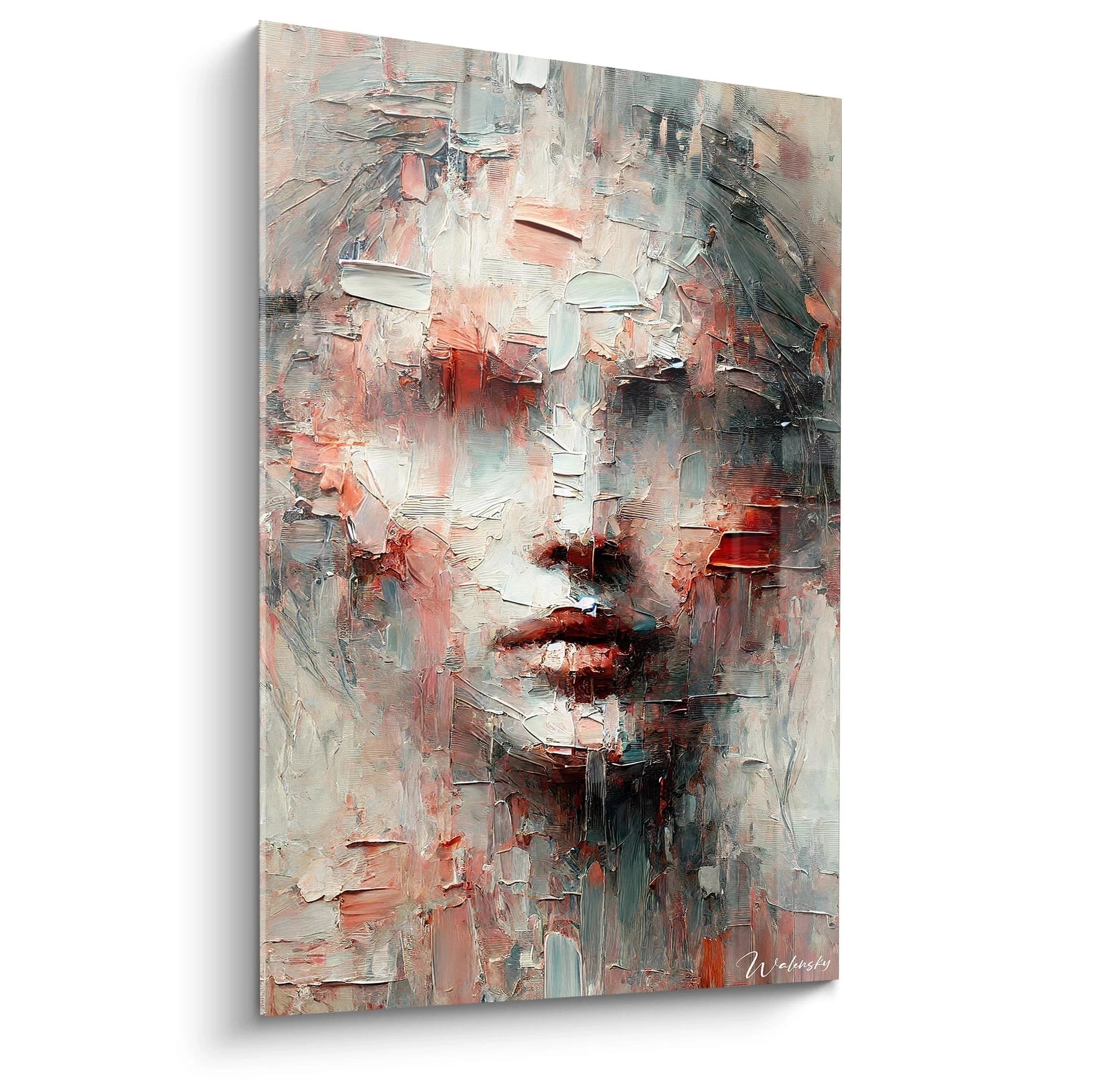 Portrait abstrait captivant avec des coups de pinceau épais en rouge, blanc cassé et gris. Vue de biais, le tableau révèle des nuances et une texture tridimensionnelle unique. #ArtExpressionniste