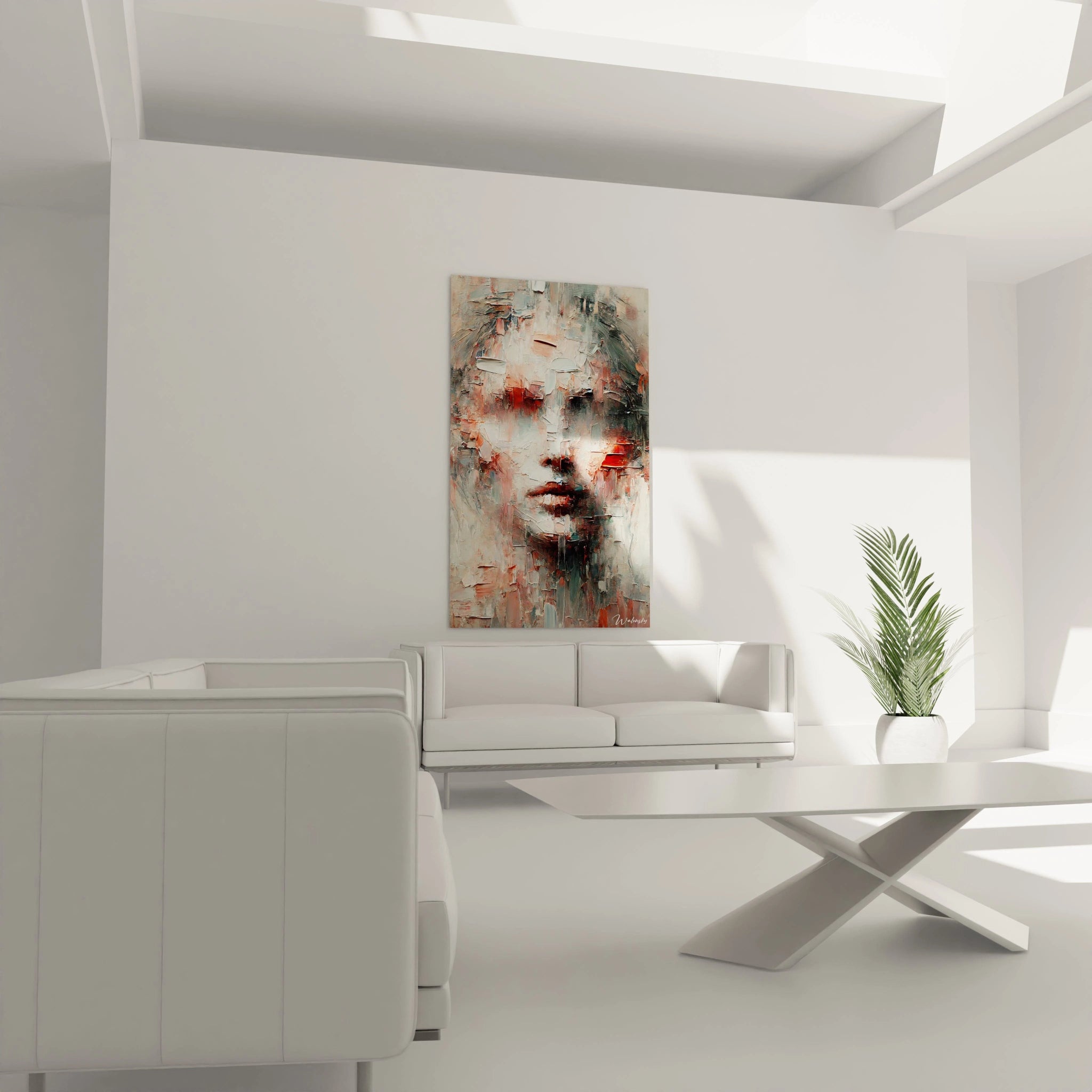 Tableau expressionniste accroché au-dessus d'un canapé. Les coups de pinceau épais et texturés apportent du relief et de la profondeur au salon, sublimant l'espace avec ses tons chauds et gris.