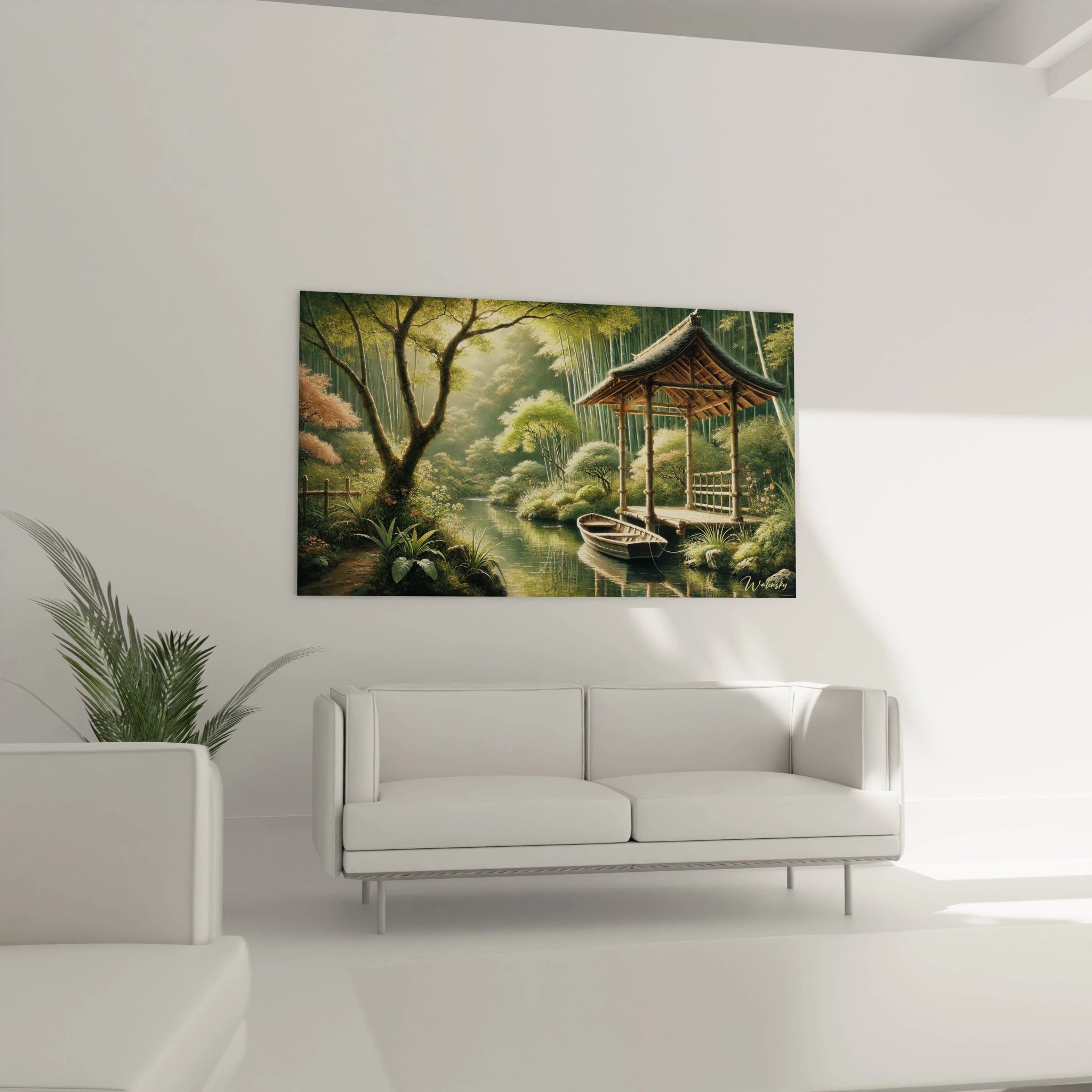 Ce tableau jungle illumine le salon au-dessus du canapé, apportant une note de tranquillité et de charme naturel. Un élément décoratif qui invite à la contemplation.