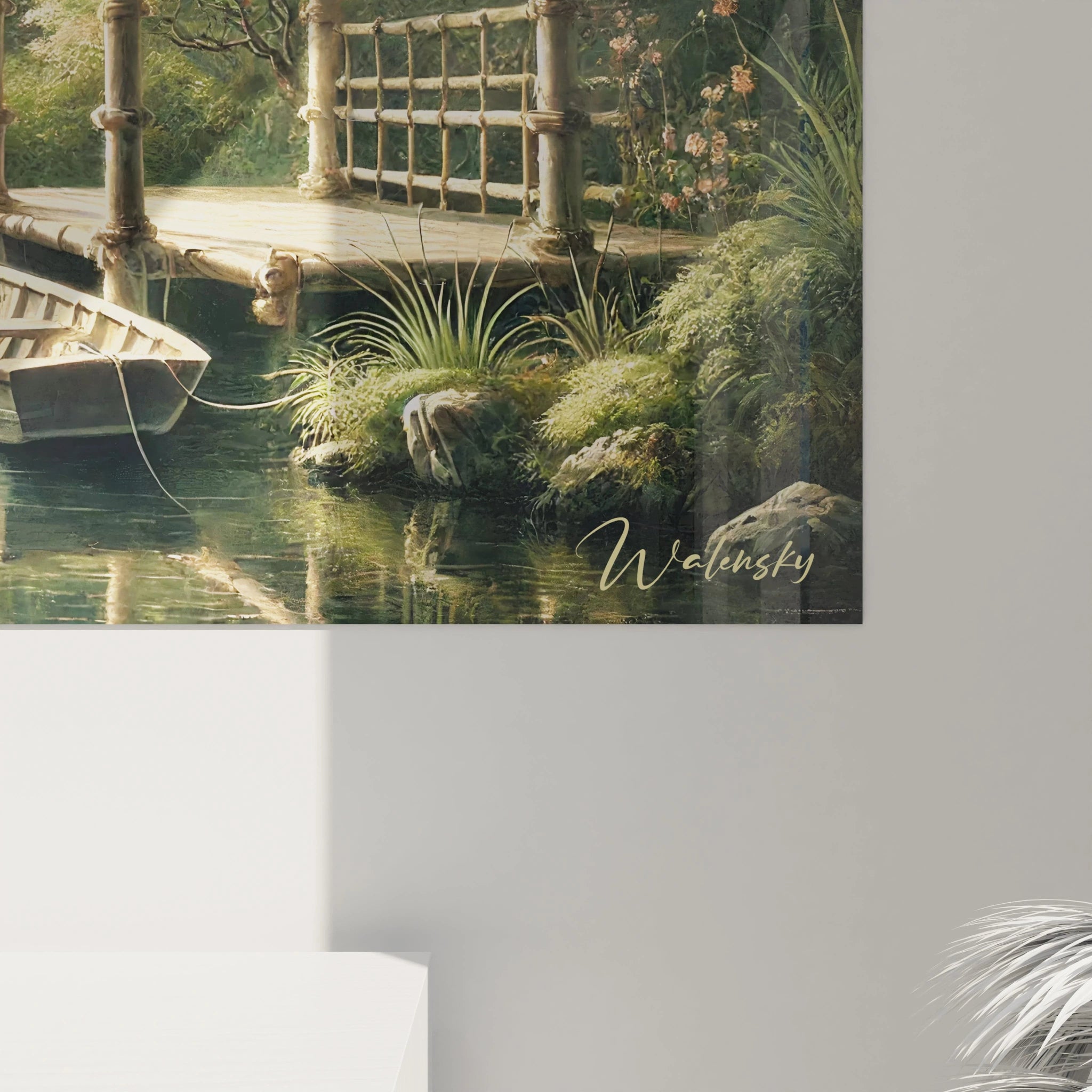 Une vue rapprochée de ce tableau jungle révèle la richesse des détails et la palette de verts et de marrons. Une œuvre qui évoque l'harmonie et la paix de la nature.